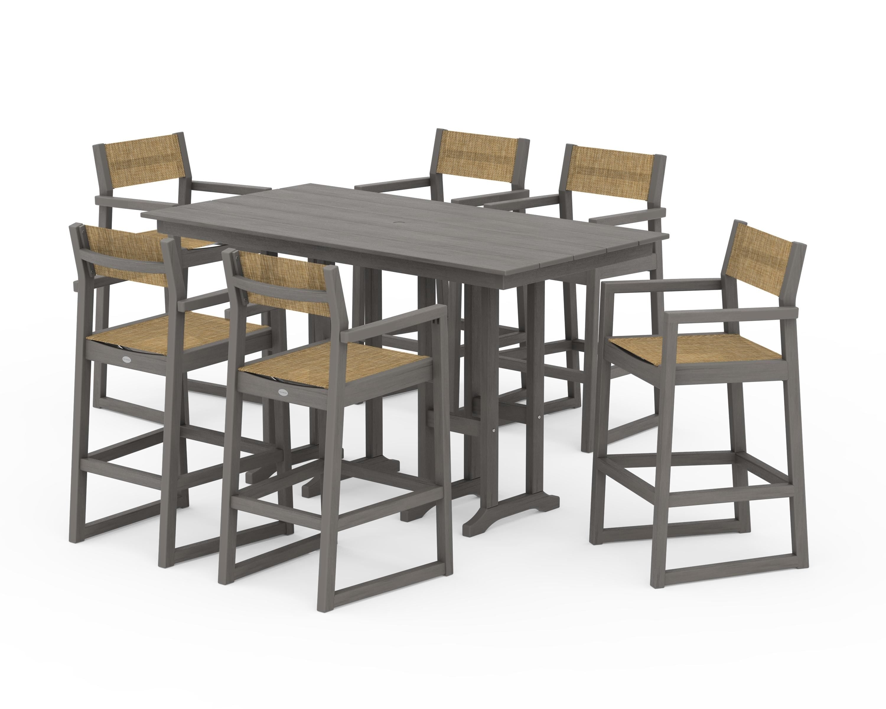 POLYWOOD EDGE Sling Arm Chair 7-Piece Farmhouse Bar Set in Driftwood / Burlap Sling