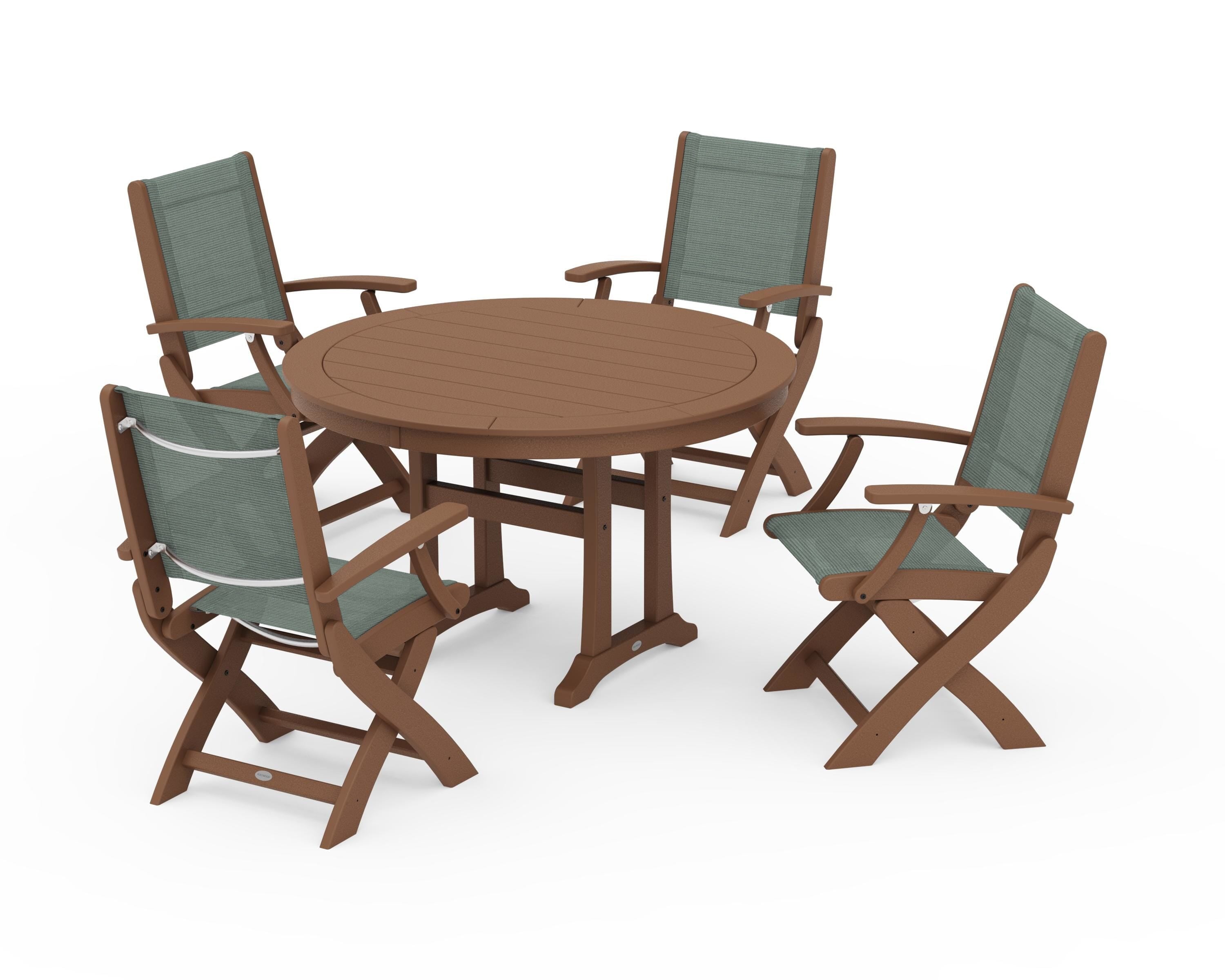 POLYWOOD Coastal Folding Chair 5-Piece Round Dining Set with Trestle Legs in Teak / Dupioni Sea Mist Sling