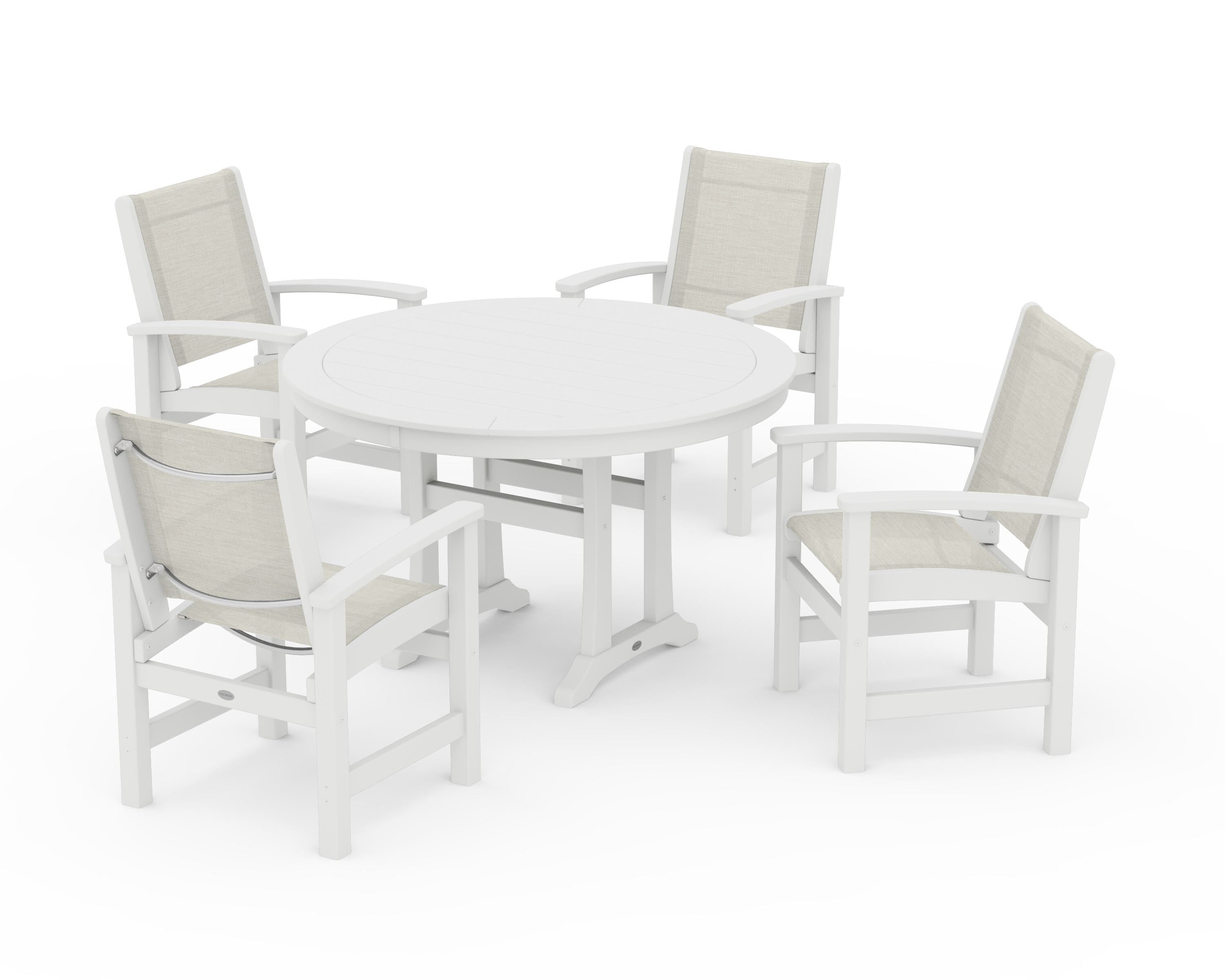 POLYWOOD Coastal 5-Piece Round Dining Set with Trestle Legs in White / Parchment Sling