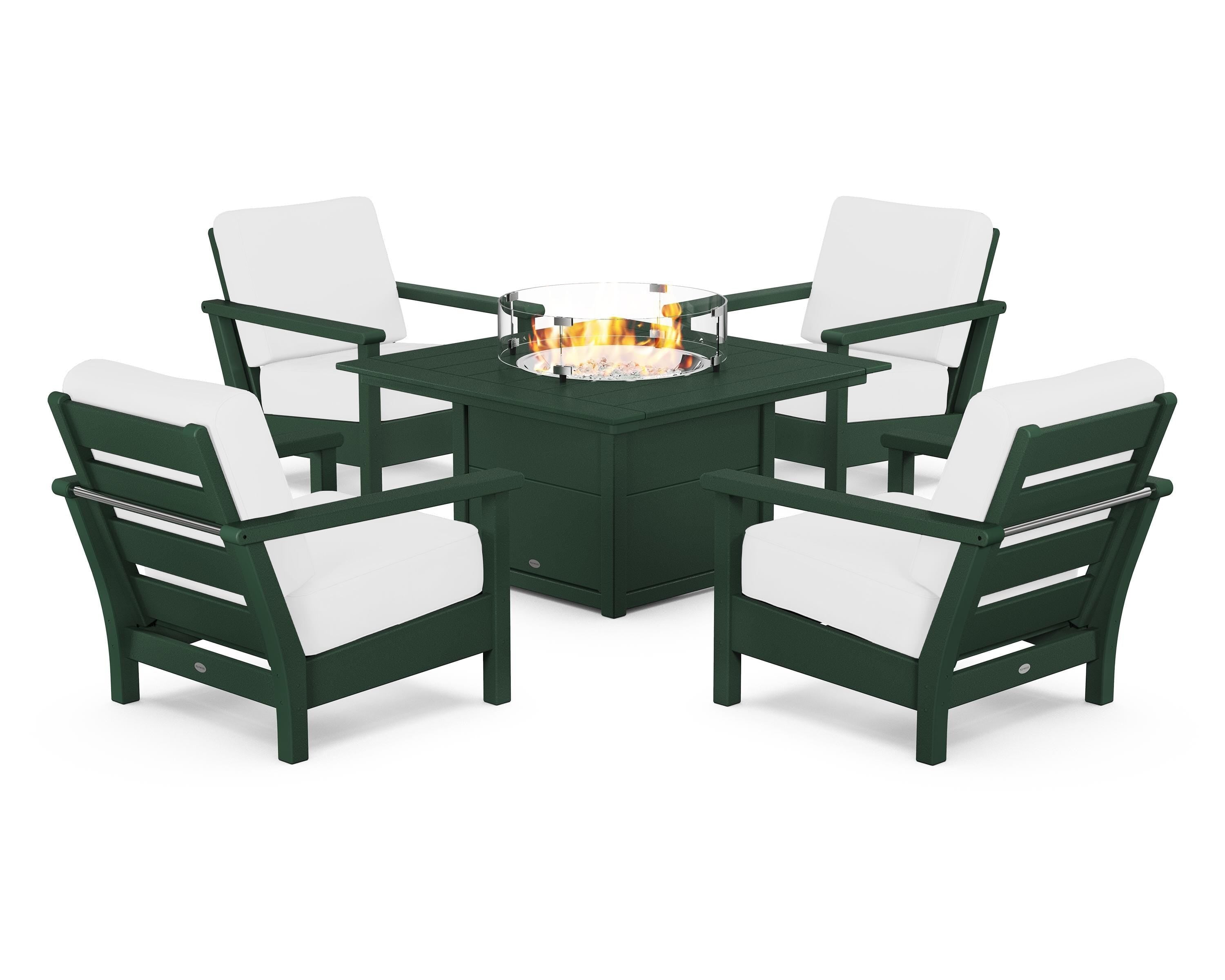 POLYWOOD Harbour 5-Piece Conversation Set with Fire Pit Table in Green / Natural