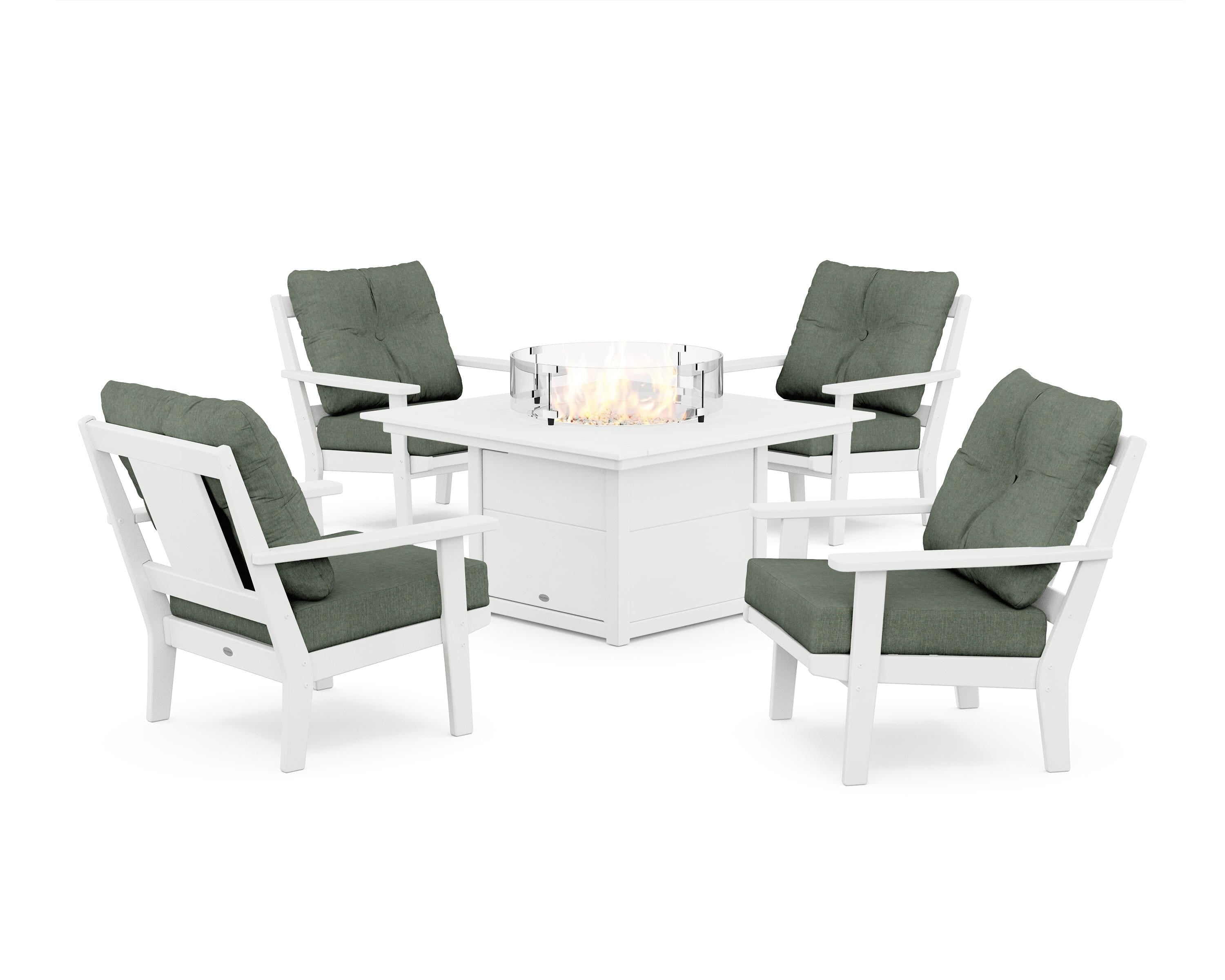 POLYWOOD Prairie 5-Piece Deep Seating Set with Fire Pit Table in White / Cast Sage