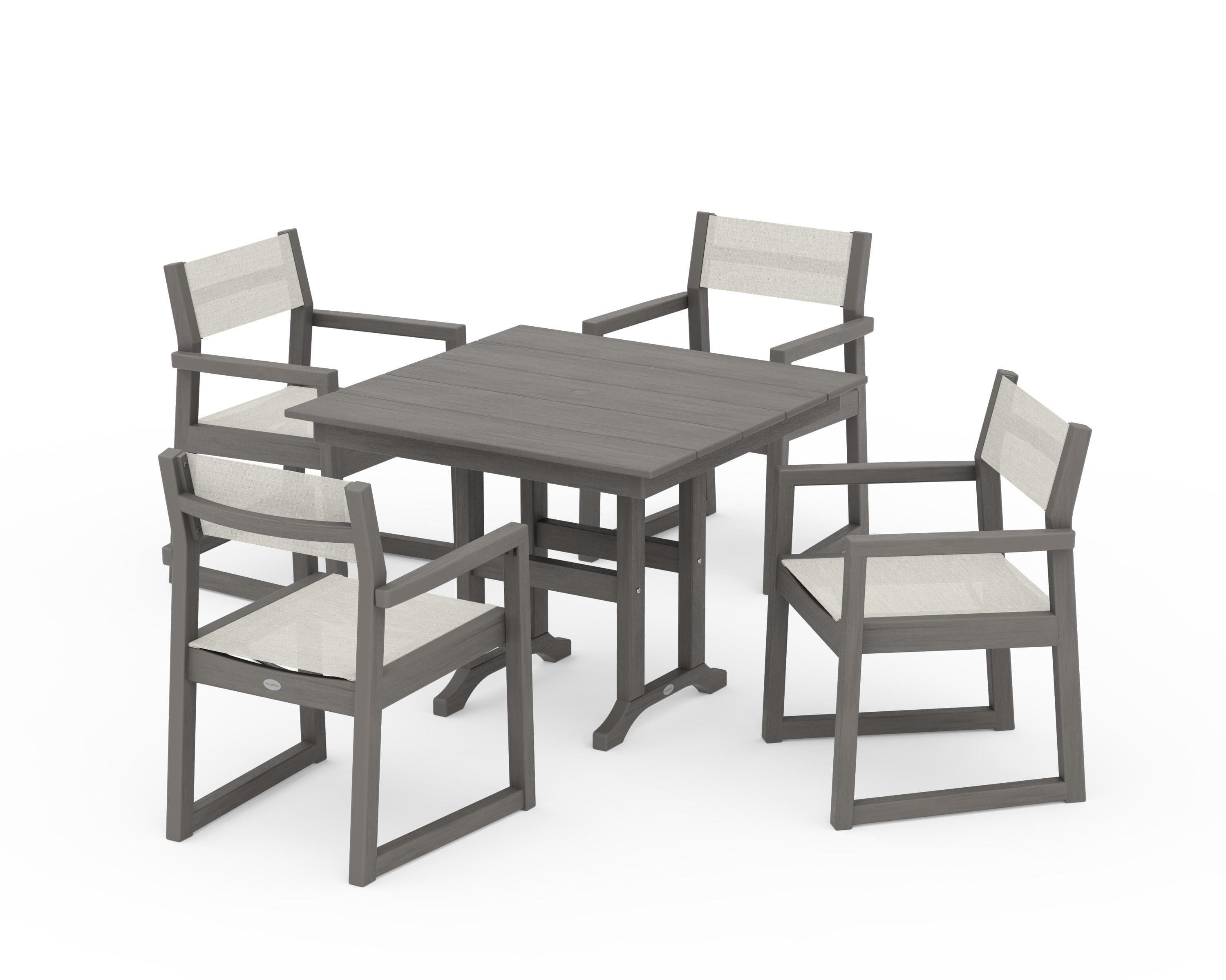 POLYWOOD EDGE Sling Arm Chair 5-Piece Farmhouse Dining Set in Driftwood / Parchment Sling