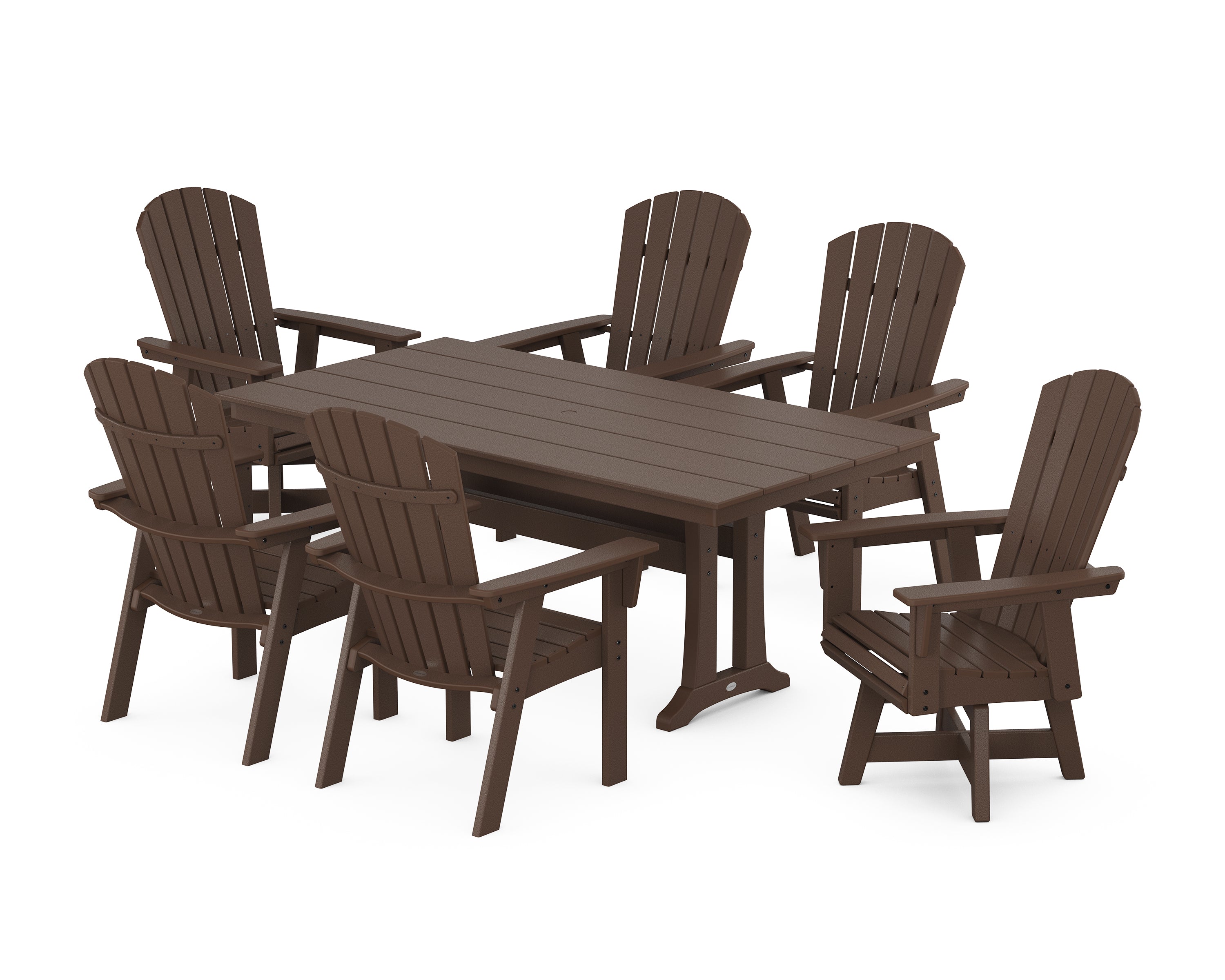 POLYWOOD® Nautical Curveback Adirondack Swivel Chair 7-Piece Farmhouse Dining Set With Trestle Legs in Mahogany