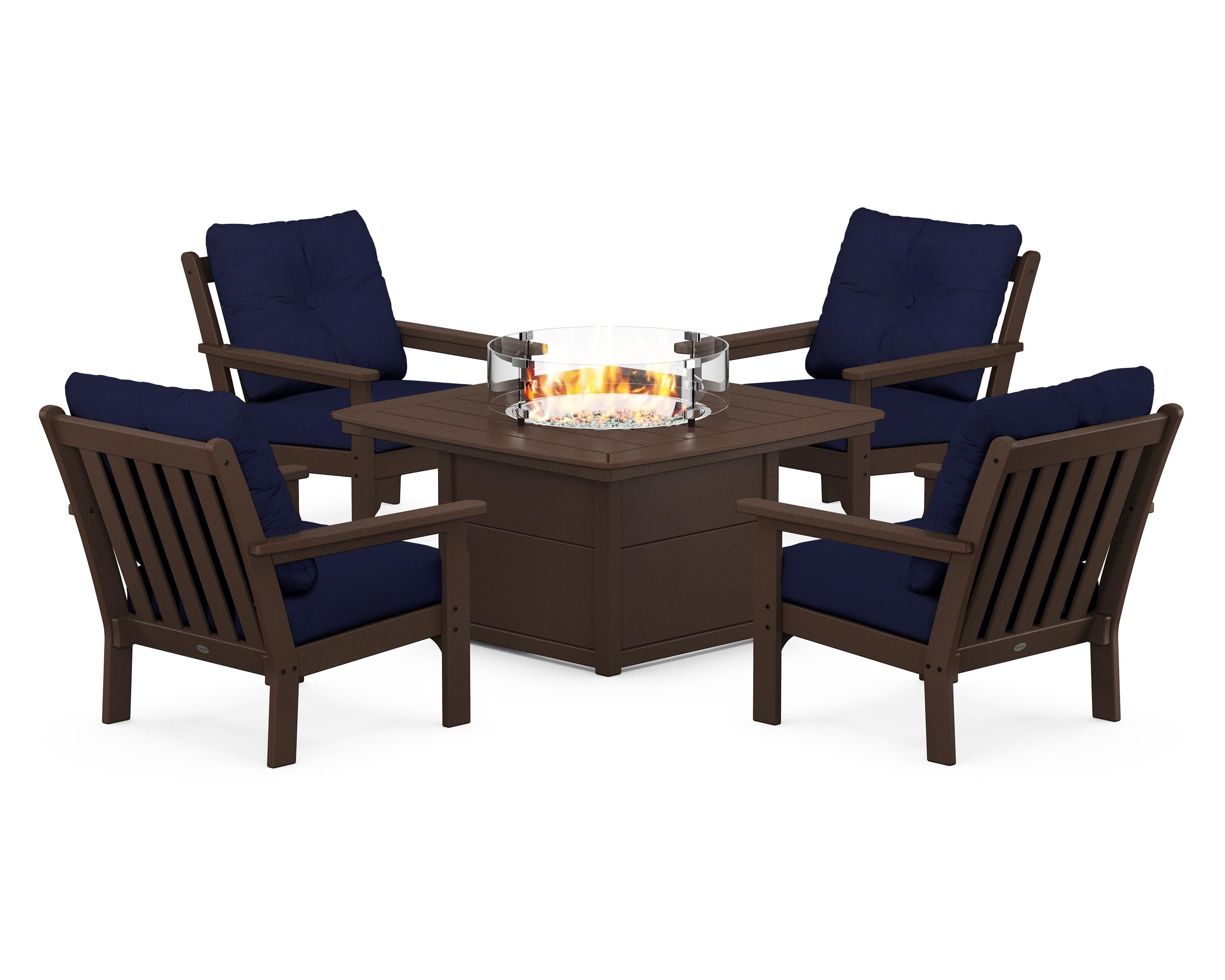 POLYWOOD Vineyard 5-Piece Conversation Set with Fire Pit Table in Mahogany / Navy