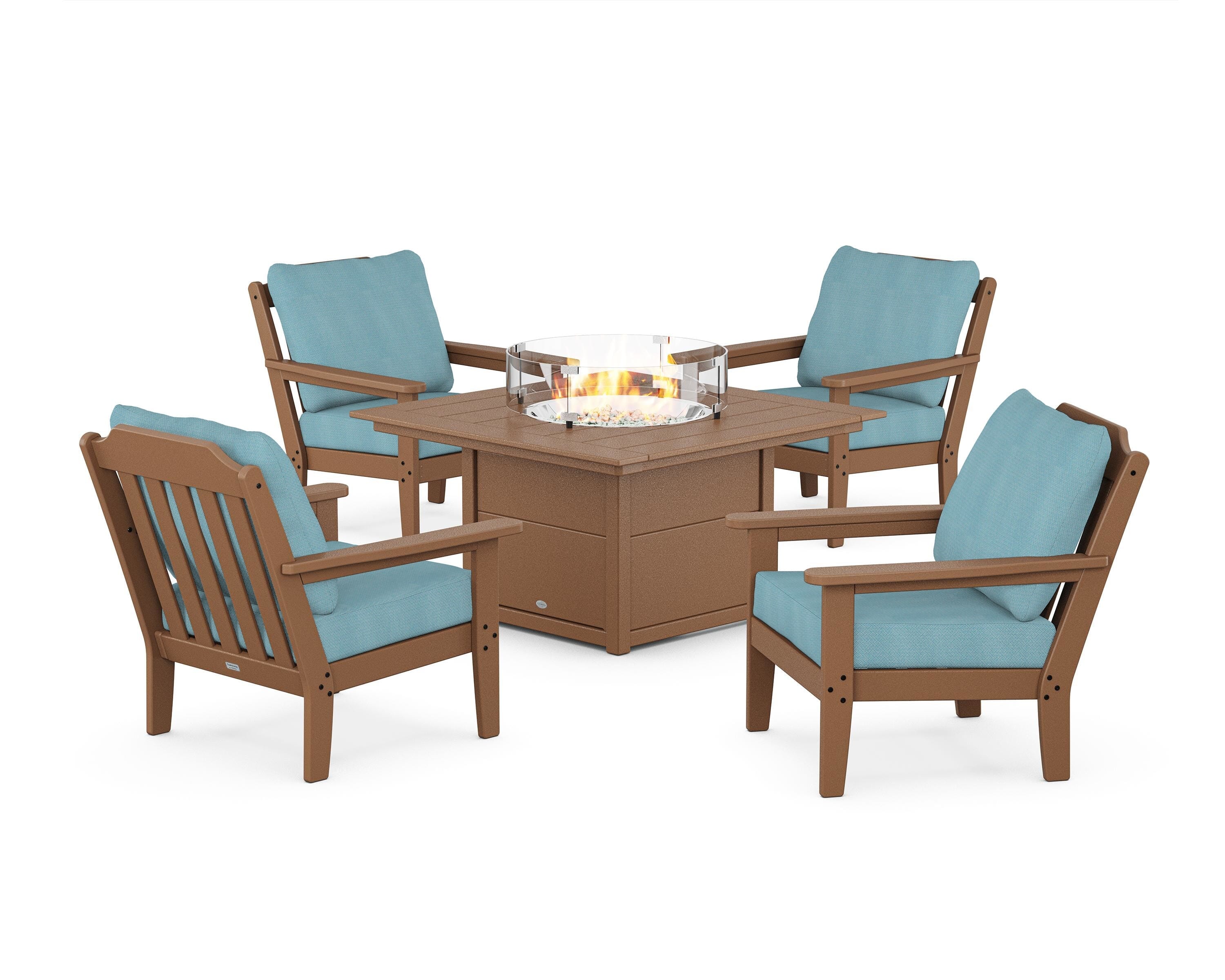 Country Living Cottage 5-Piece Deep Seating Set with Fire Pit Table in Teak / Lattice Sky Blue