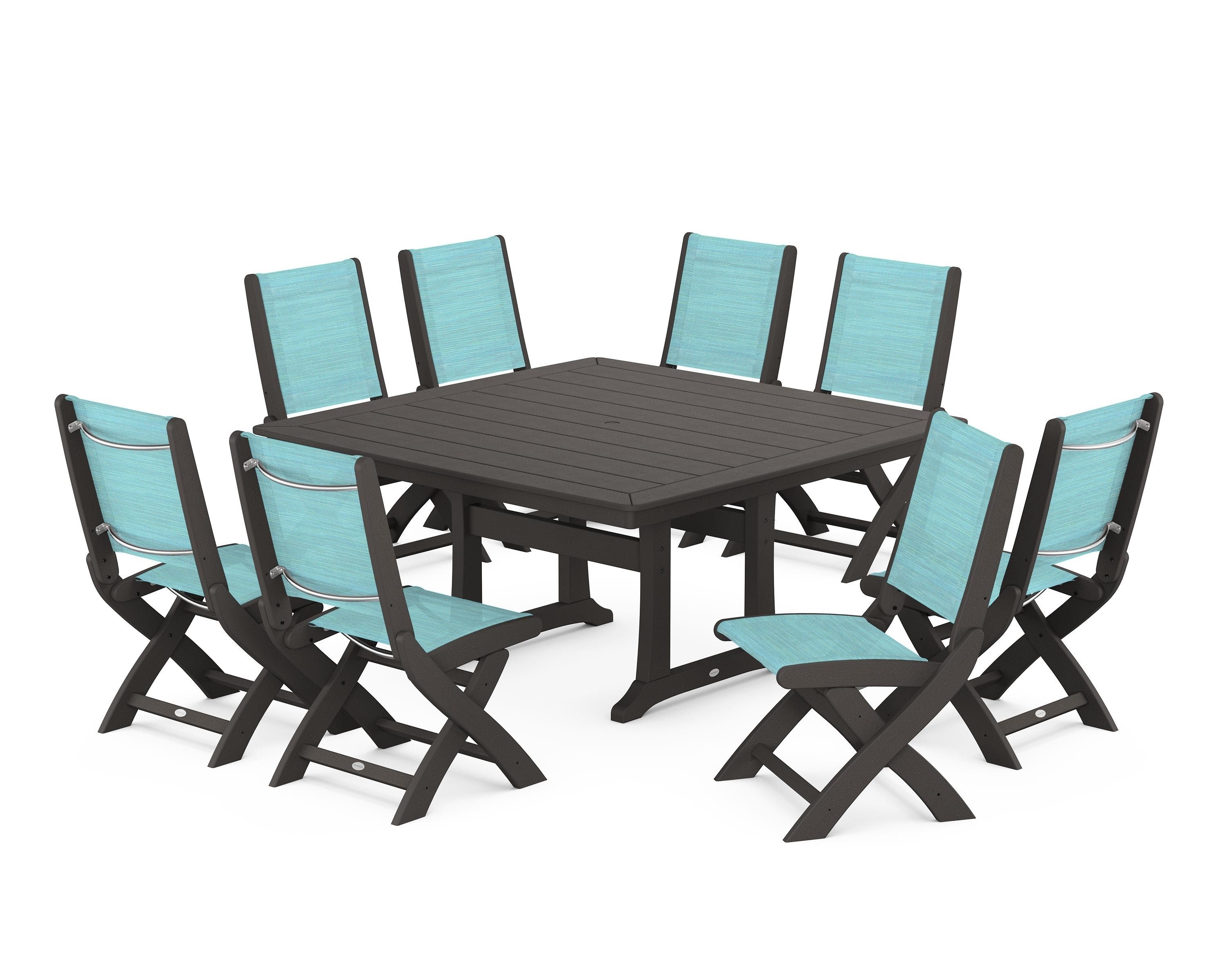 POLYWOOD Coastal Folding Side Chair 9-Piece Dining Set with Trestle Legs in Vintage Coffee / Dupioni Aquamarine Sling