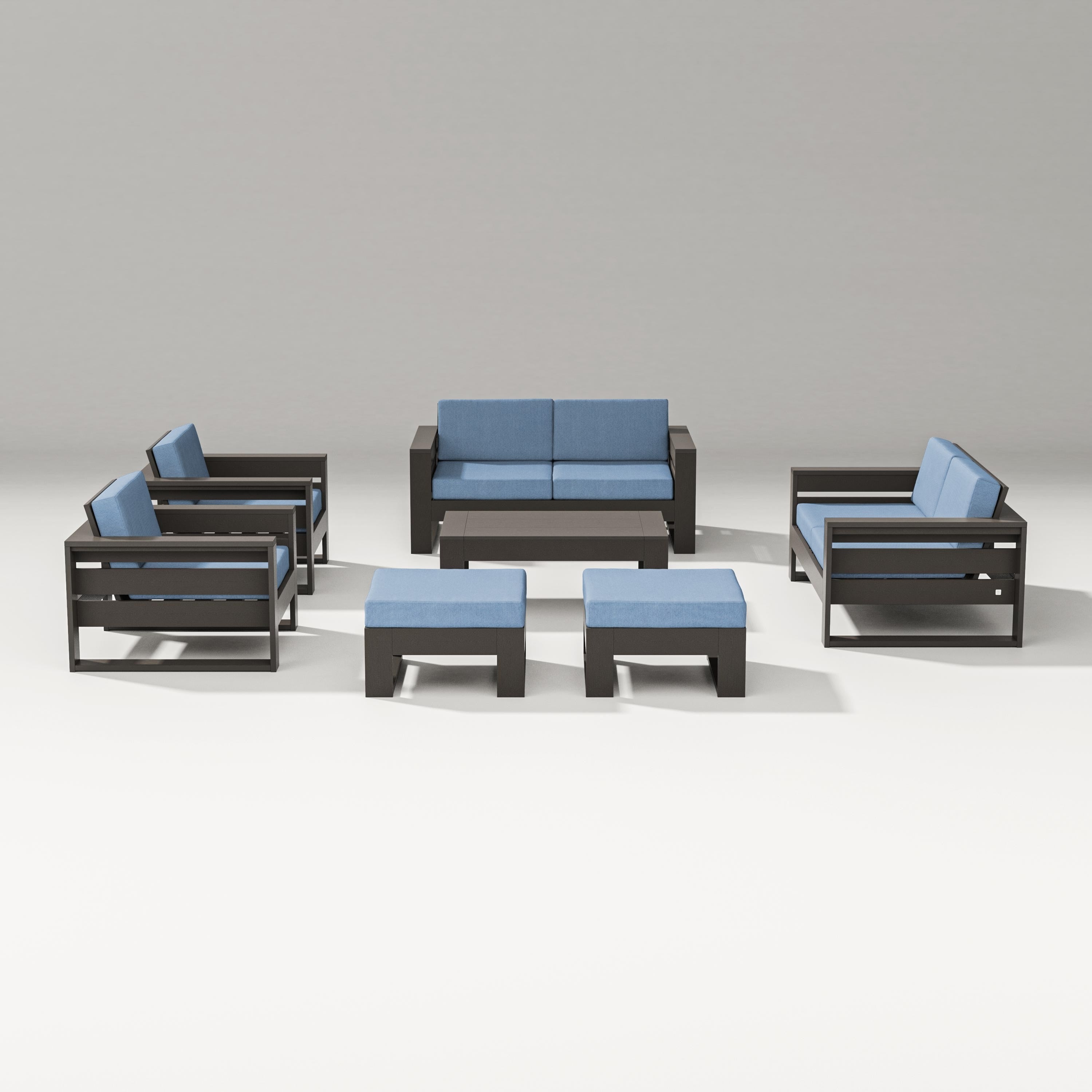 PW Designer Series Latitude 7-Piece Lounge Loveseat Set in Vintage Coffee / Sky Blue
