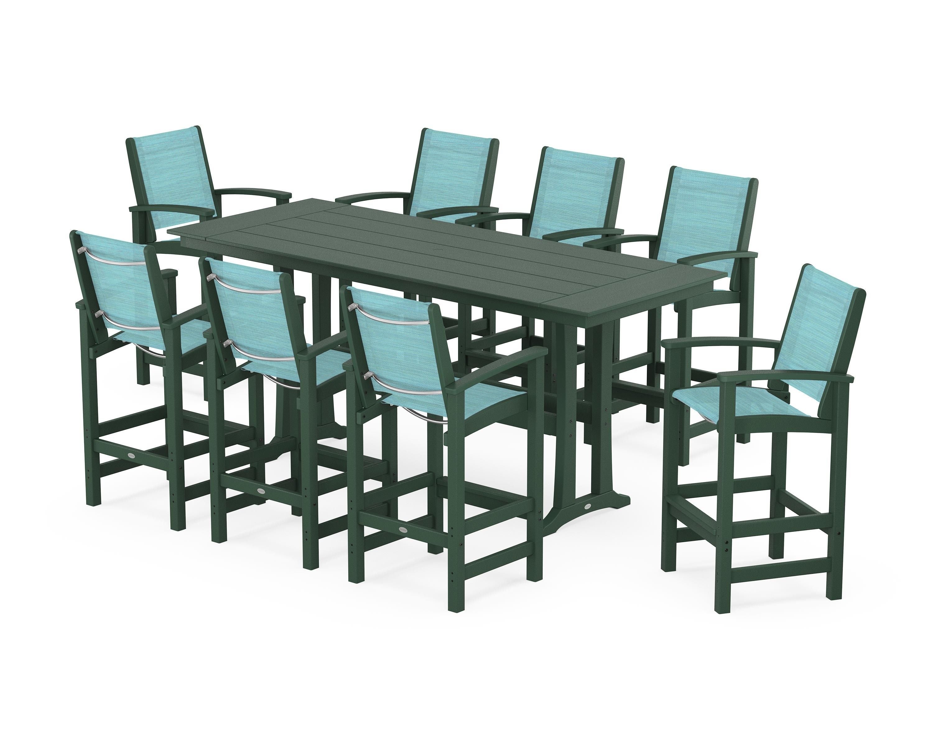 POLYWOOD Coastal 9-Piece Farmhouse Bar Set with Trestle Legs in Green / Dupioni Aquamarine Sling