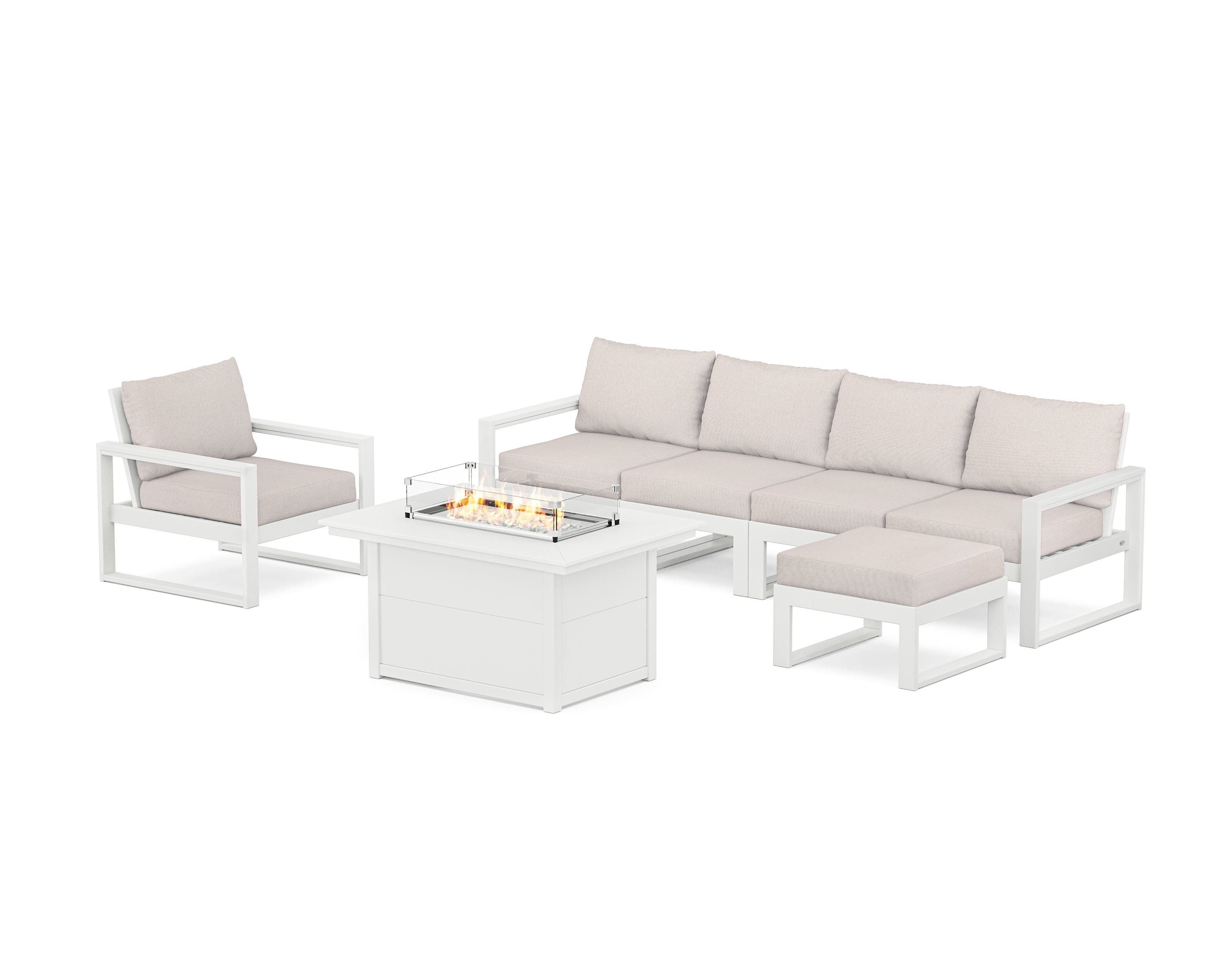 POLYWOOD EDGE Sectional Lounge and Fire Pit Set in White / Dune Burlap