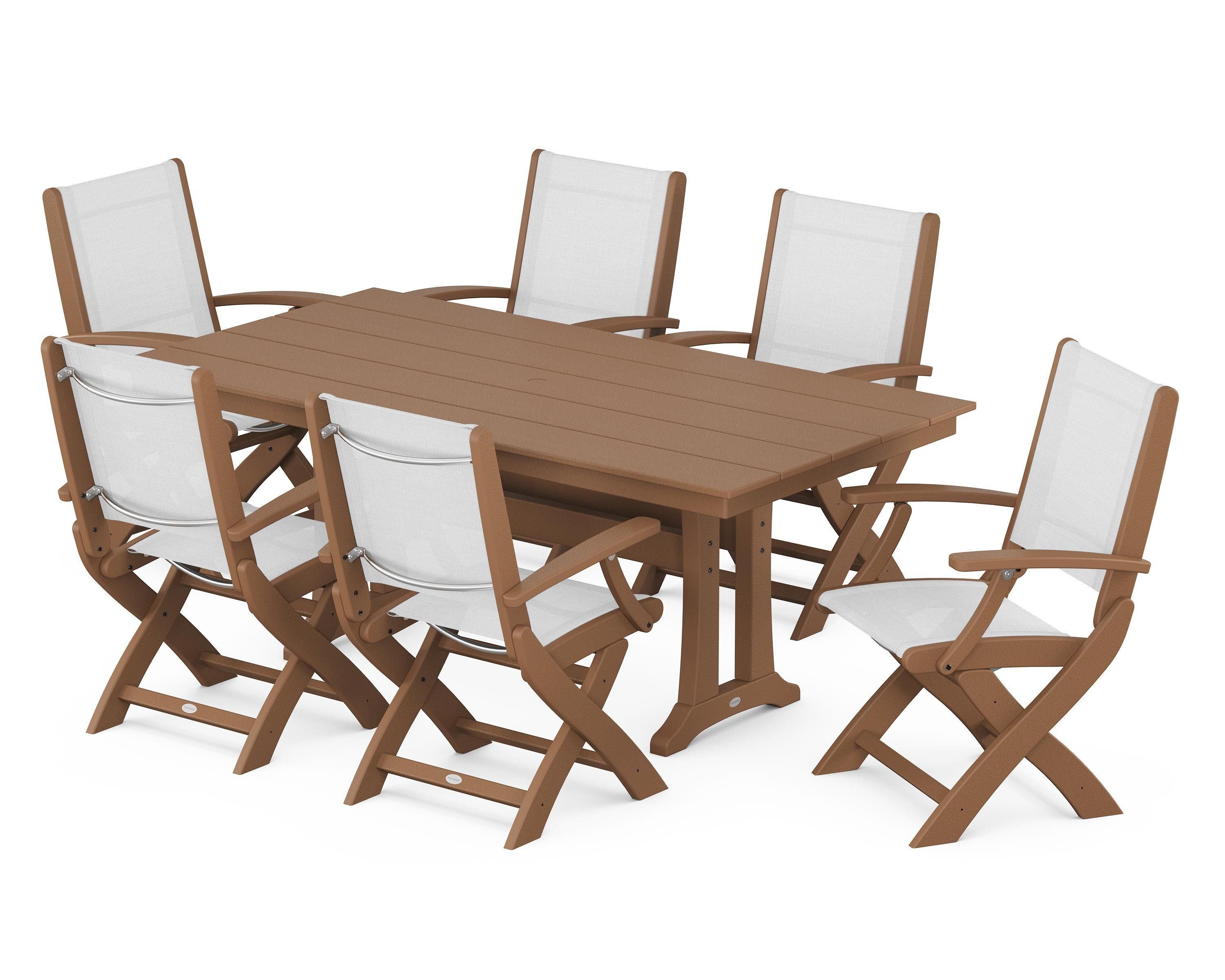 POLYWOOD Coastal Folding Arm Chair 7-Piece Farmhouse Dining Set with Trestle Legs in Teak / White Sling