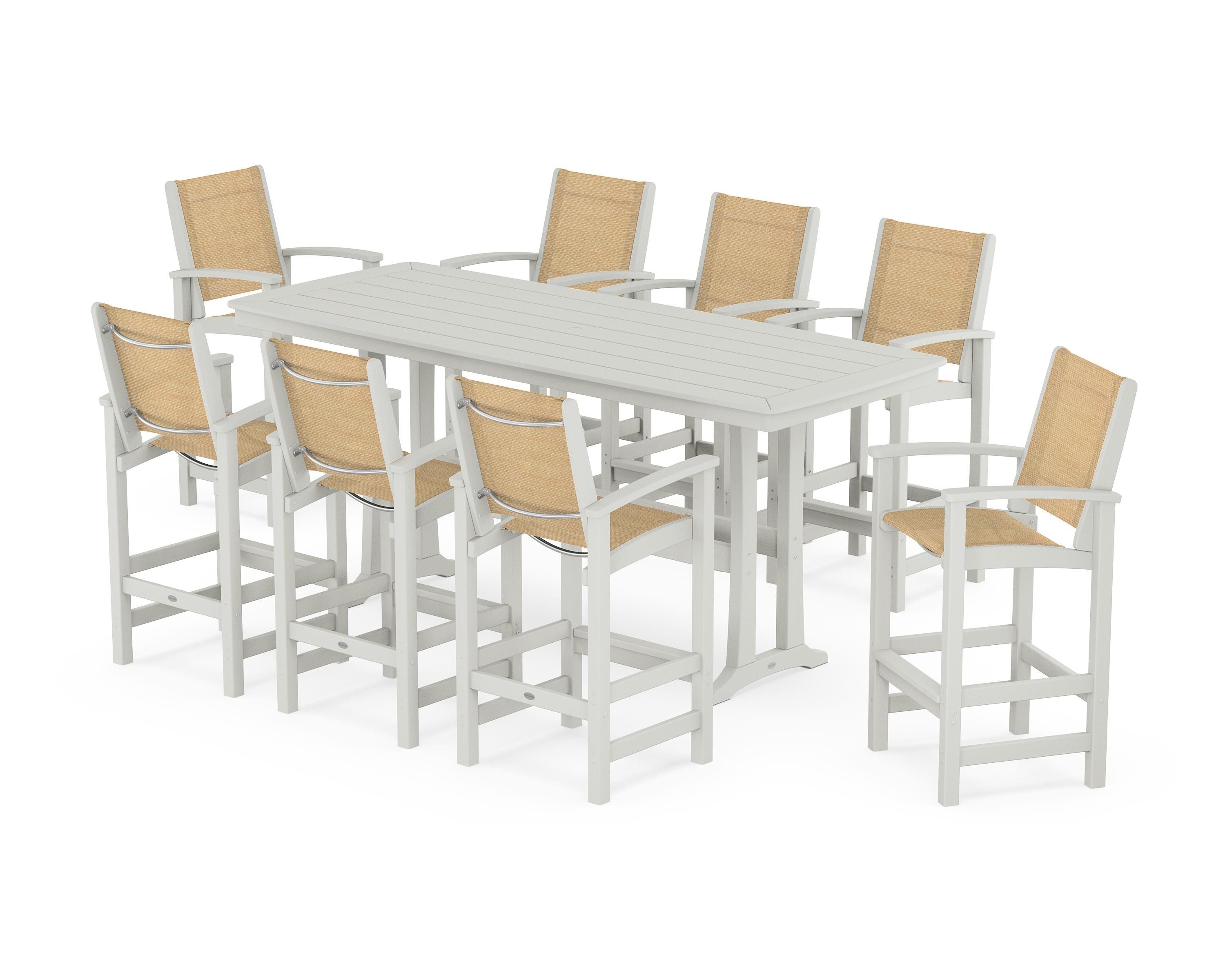 POLYWOOD Coastal 9-Piece Bar Set with Trestle Legs in Vintage White / Dupioni Apricot Sling