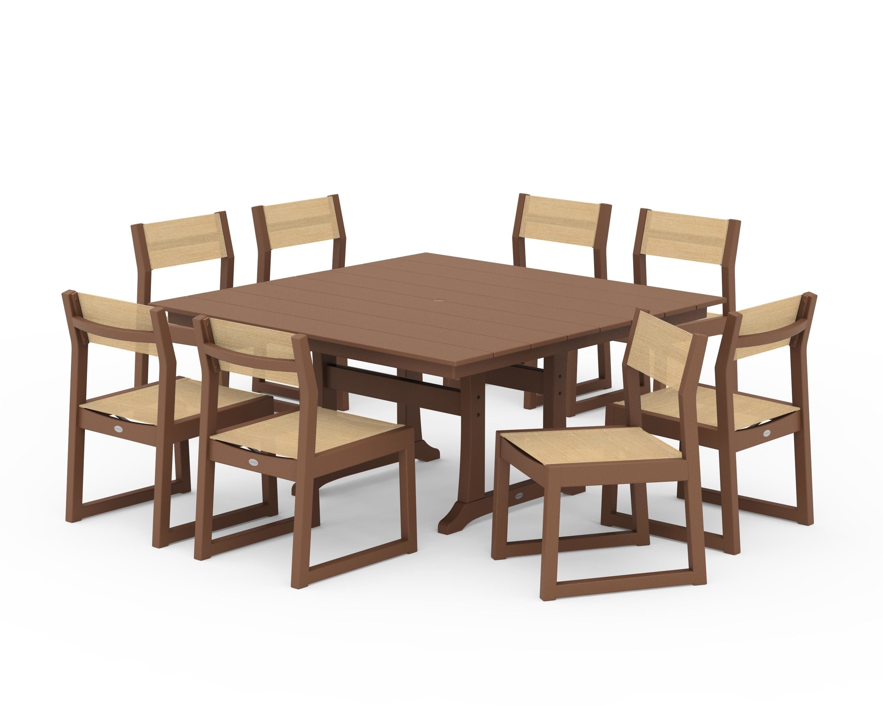 POLYWOOD EDGE Sling Side Chair 9-Piece Farmhouse Trestle Dining Set in Teak / Dupioni Apricot Sling