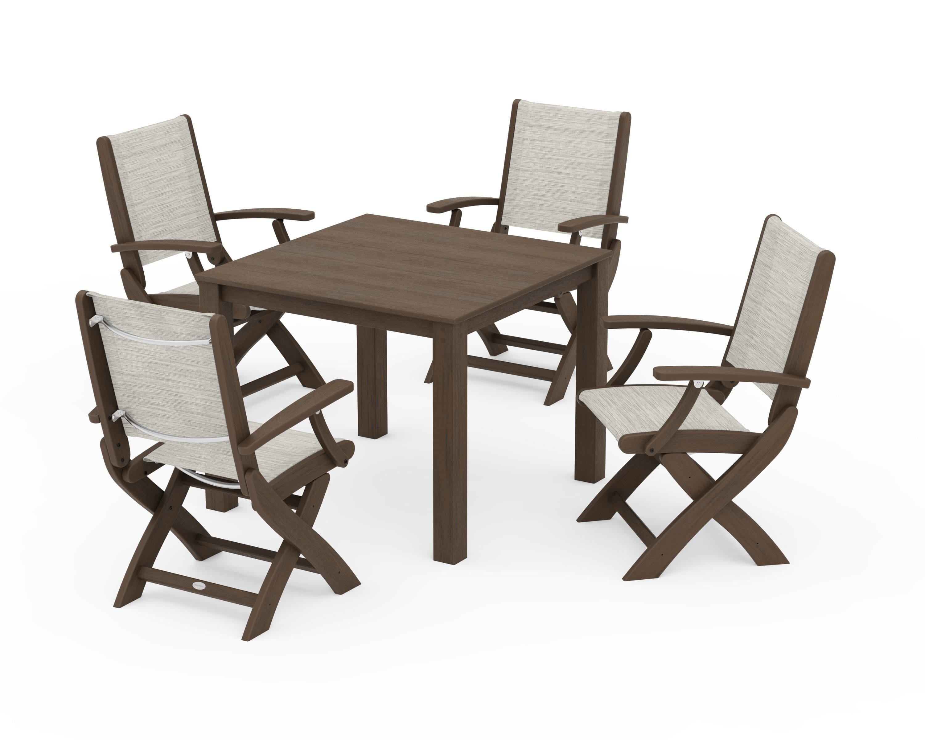 POLYWOOD Coastal Folding Chair 5-Piece Parsons Dining Set in Kona / Birch Sling