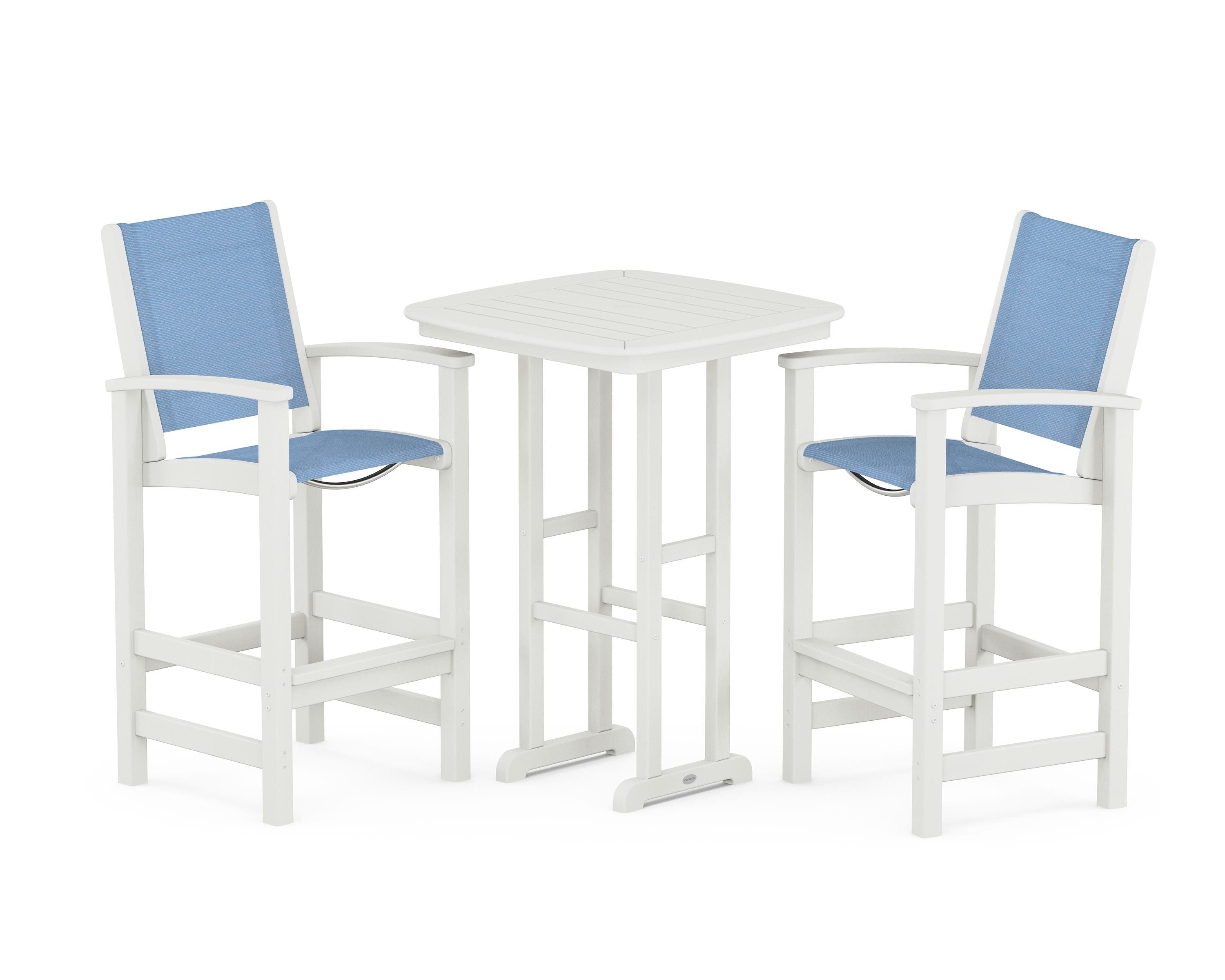 POLYWOOD Coastal 3-Piece Bar Set in Vintage White / Poolside Sling