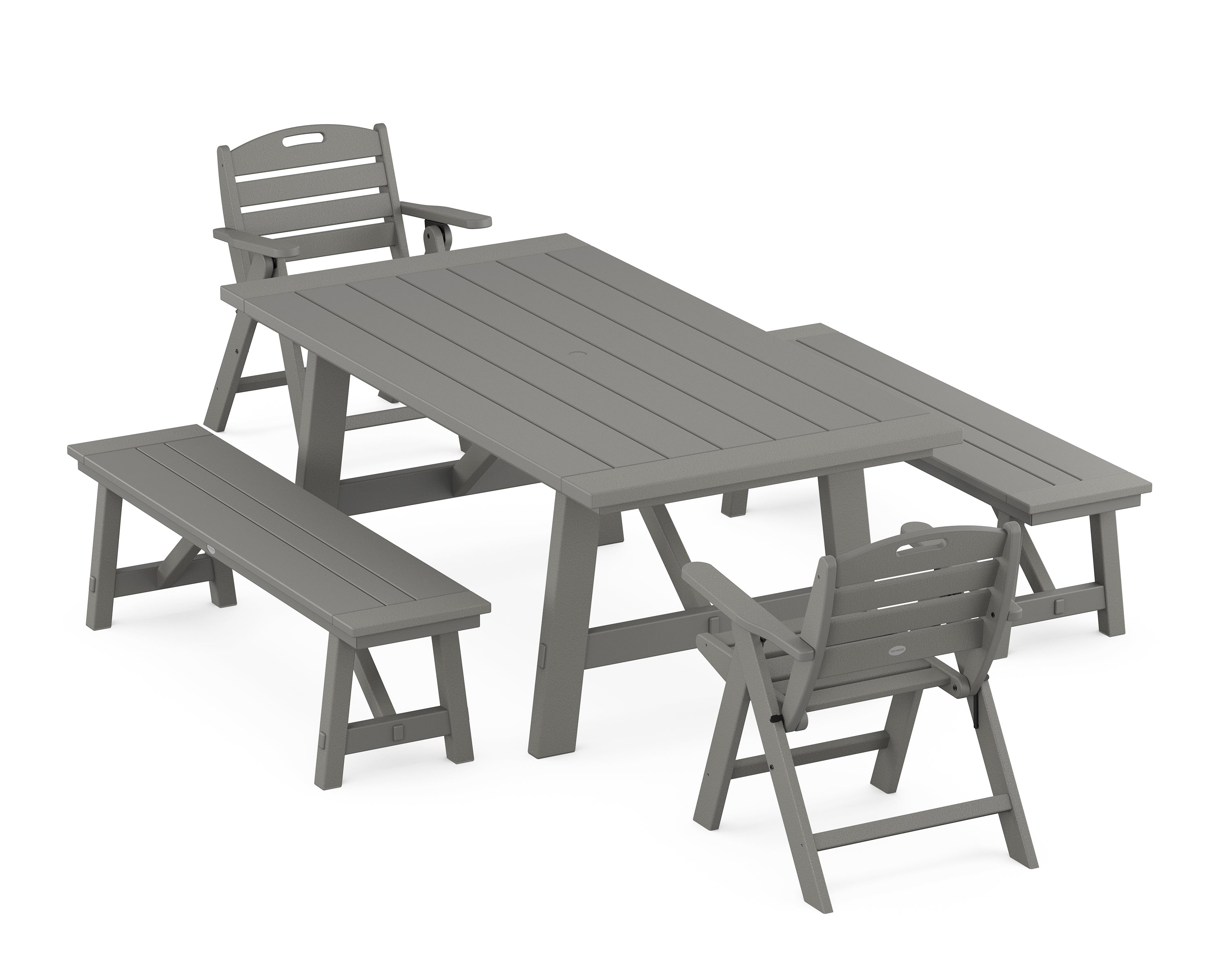 POLYWOOD® Nautical Folding Lowback Chair 5-Piece Rustic Farmhouse Dining Set With Benches in Slate Grey