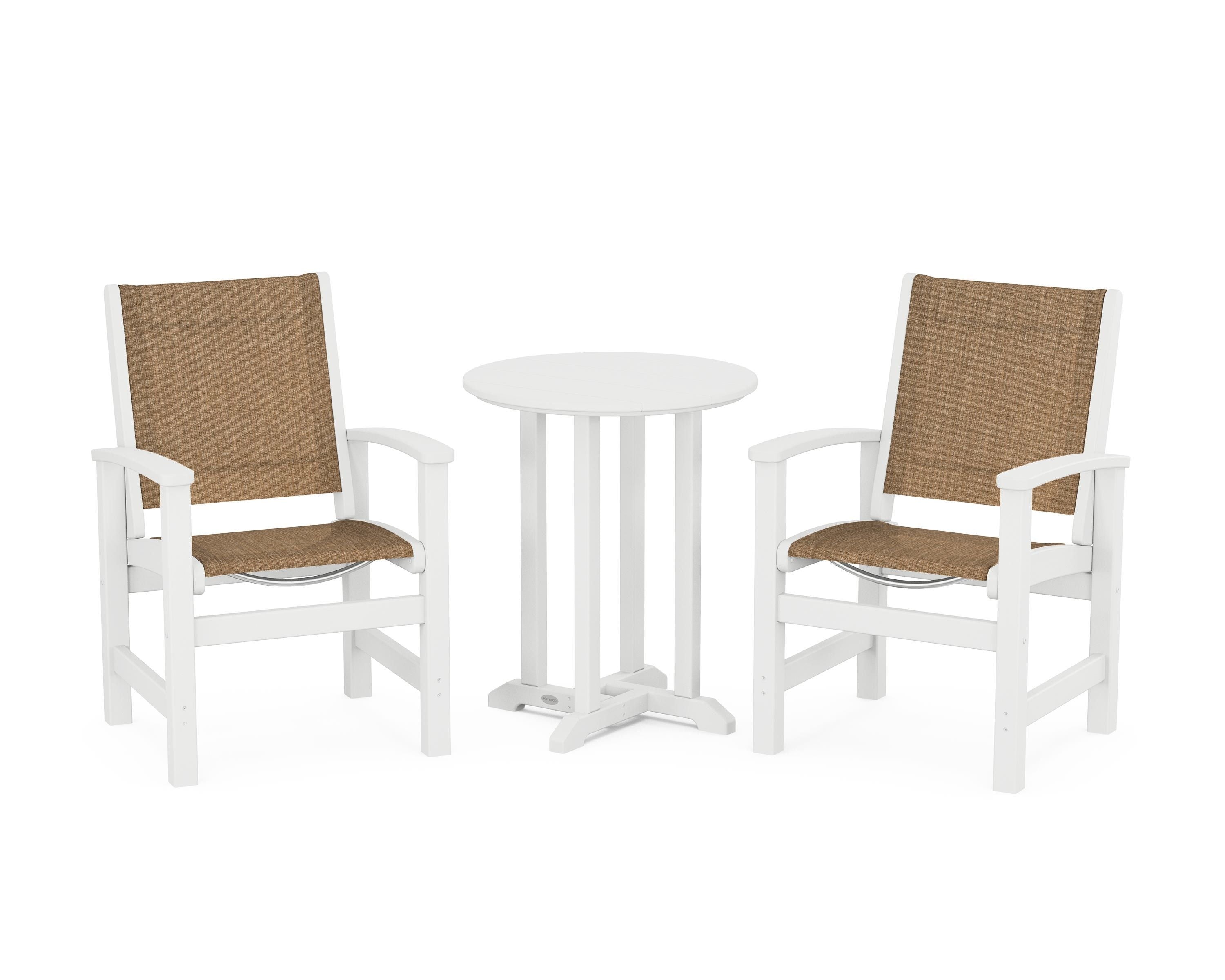 POLYWOOD Coastal 3-Piece Round Bistro Dining Set in White / Burlap Sling