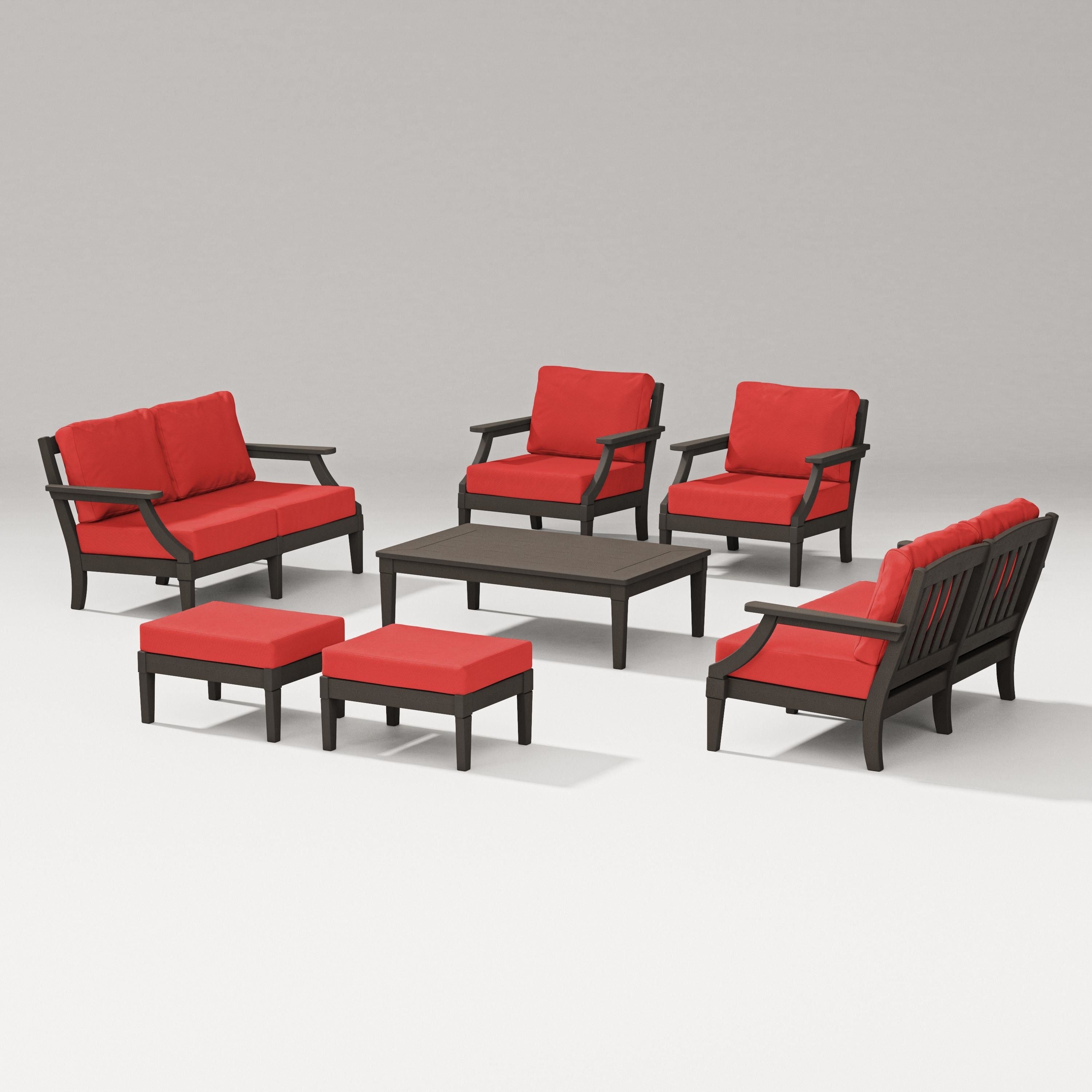 PW Designer Series Estate 7-Piece Lounge Loveseat Set in Vintage Coffee / Crimson Linen