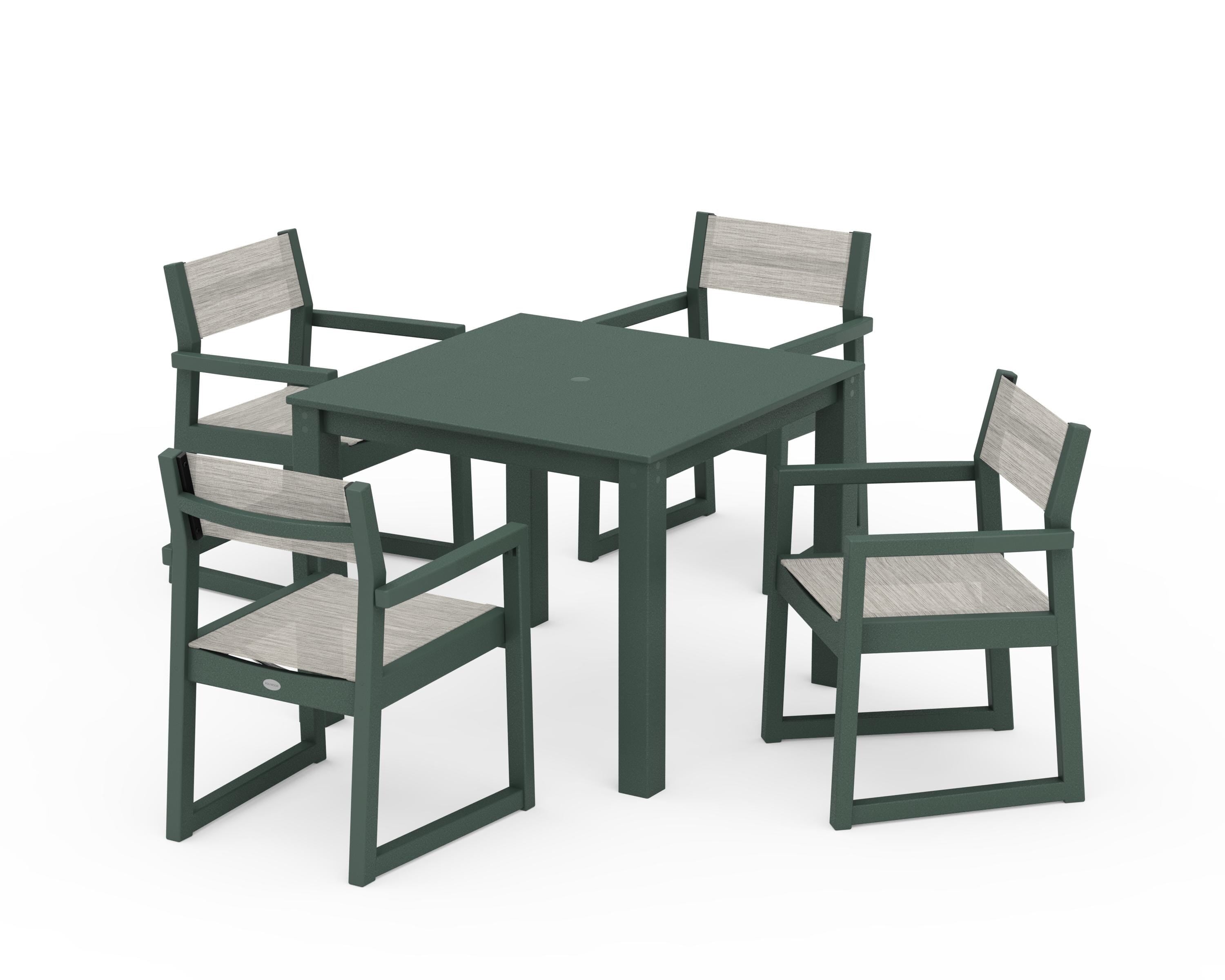 POLYWOOD EDGE Sling Arm Chair 5-Piece Parsons Dining Set in Green / Birch Sling