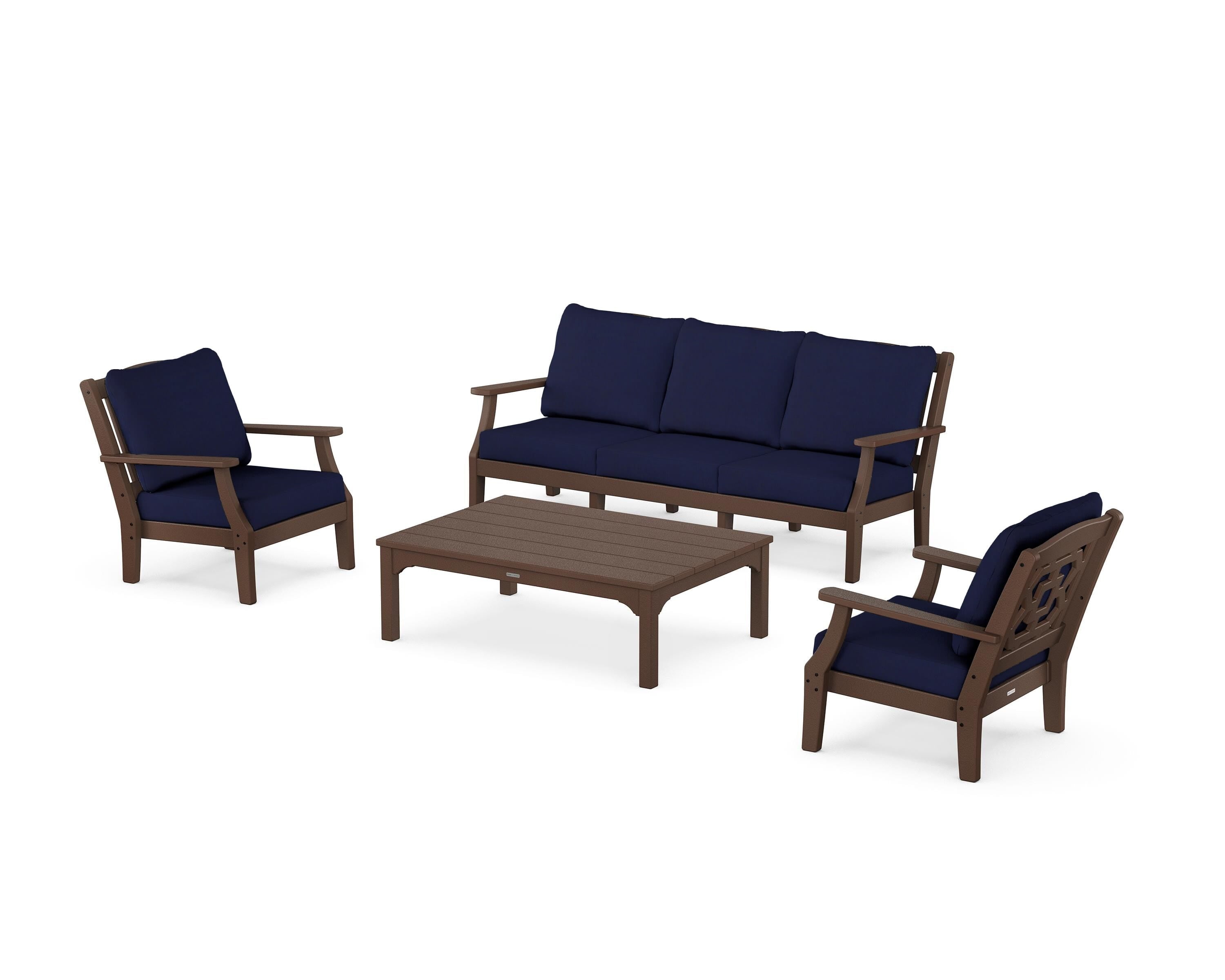 Martha Stewart by POLYWOOD Chinoiserie 4-Piece Deep Seating Set with Sofa in Mahogany / Navy