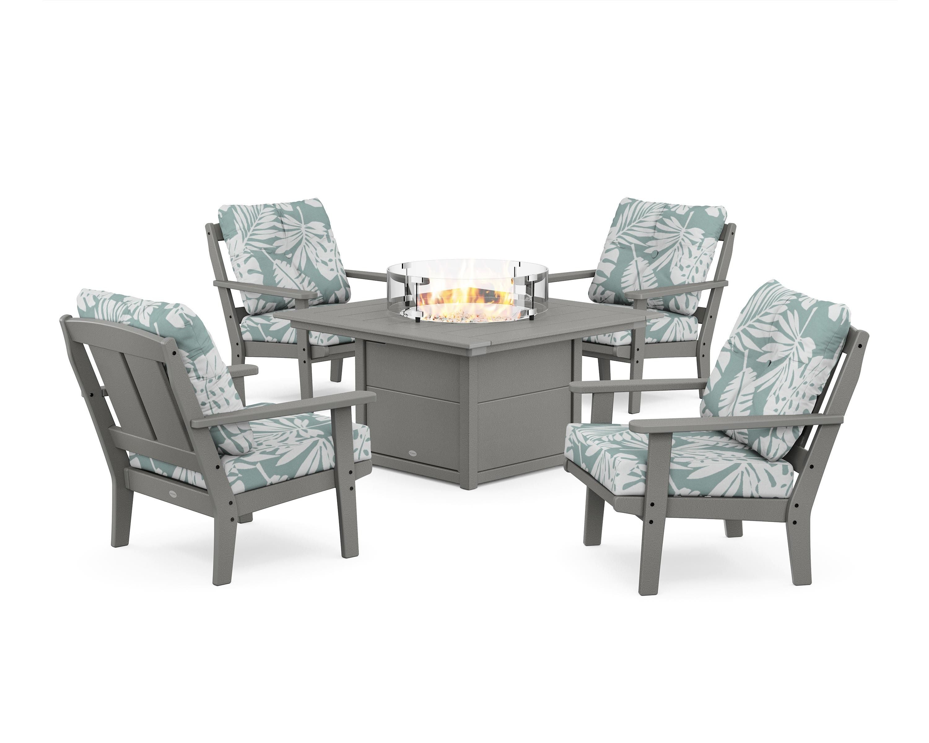 POLYWOOD Mission 5-Piece Deep Seating Set with Fire Pit Table in Slate Grey / Leaf Glacier Spa