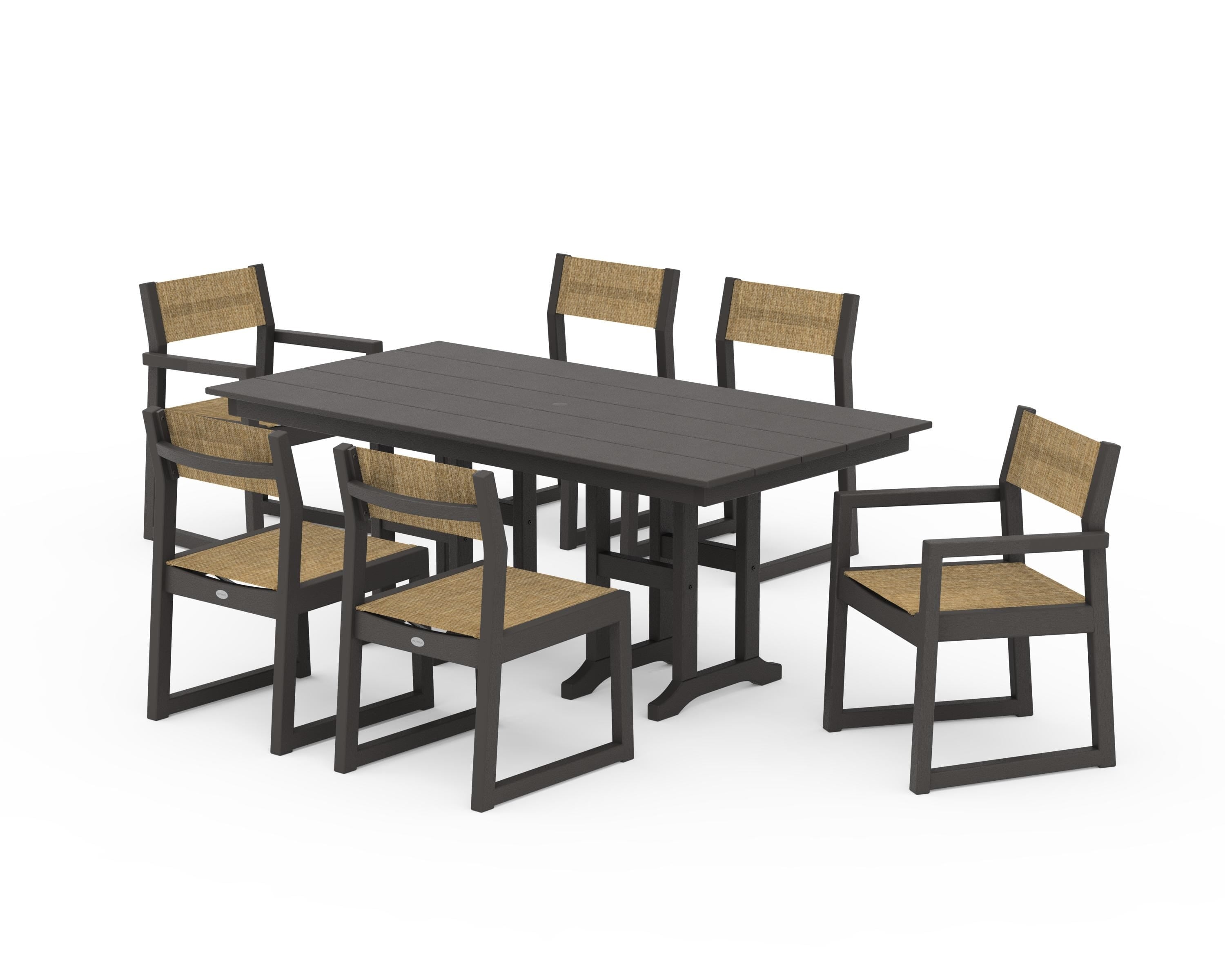 POLYWOOD EDGE Sling 7-Piece Farmhouse Dining Set in Vintage Coffee / Burlap Sling
