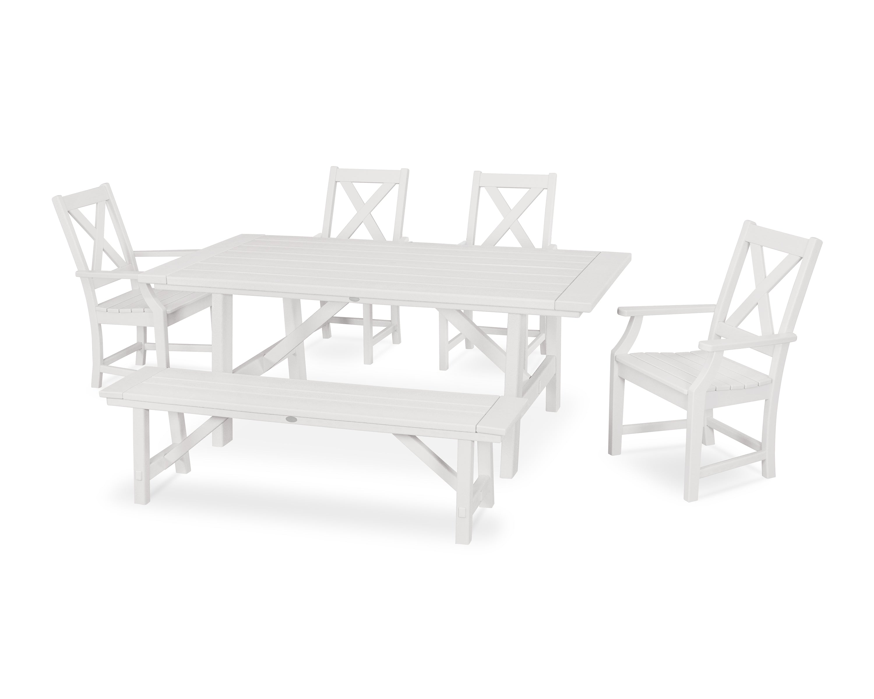 POLYWOOD® Braxton 6-Piece Rustic Farmhouse Arm Chair Dining Set with Bench in White