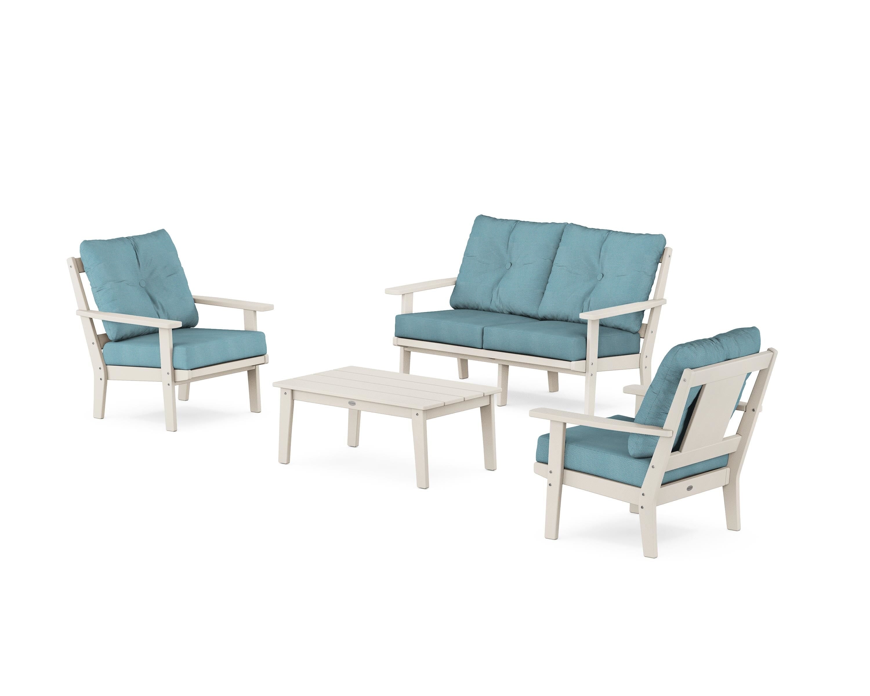 POLYWOOD Prairie 4-Piece Deep Seating Set with Loveseat in Sand / Lattice Sky Blue