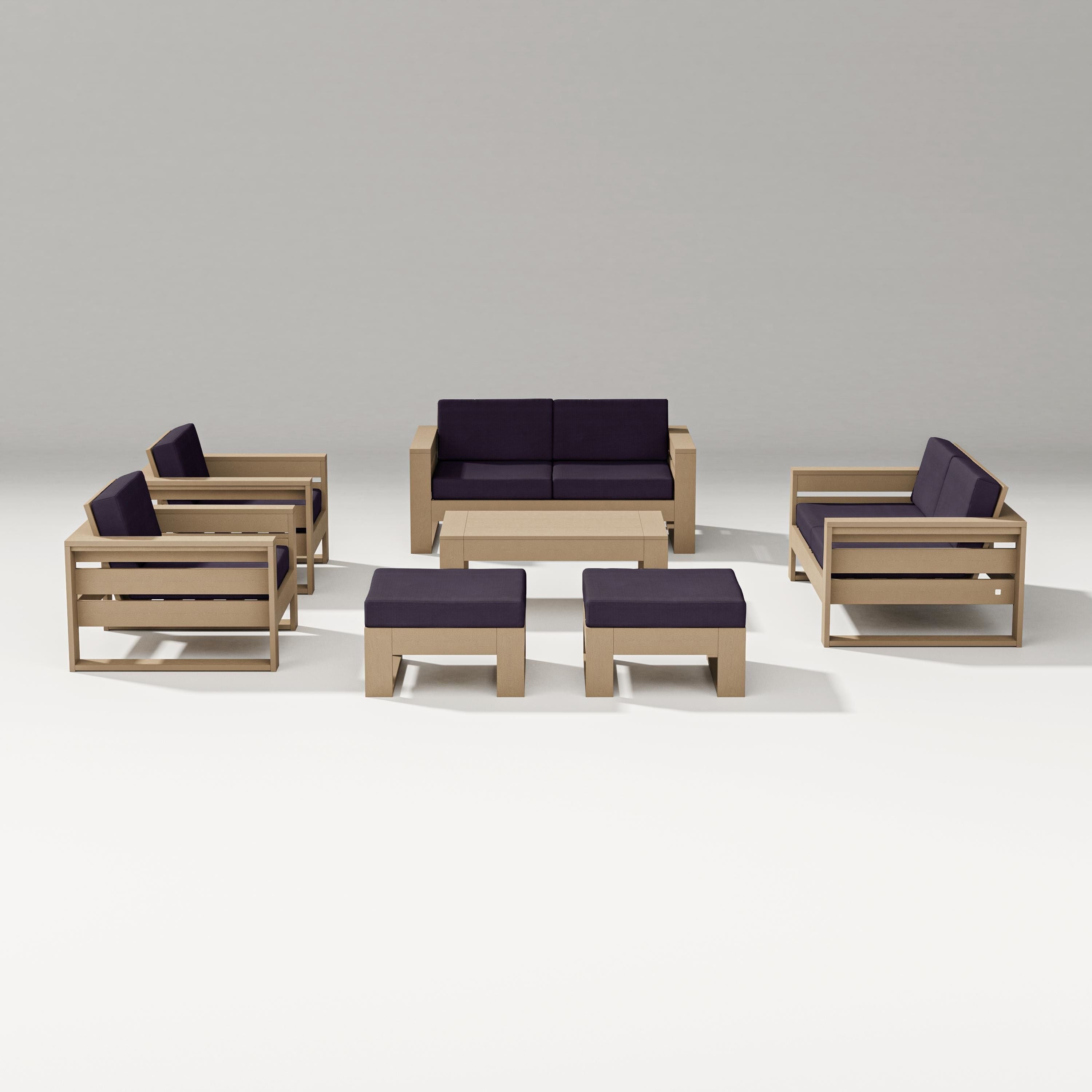 PW Designer Series Latitude 7-Piece Lounge Loveseat Set in Vintage Sahara / Navy Linen