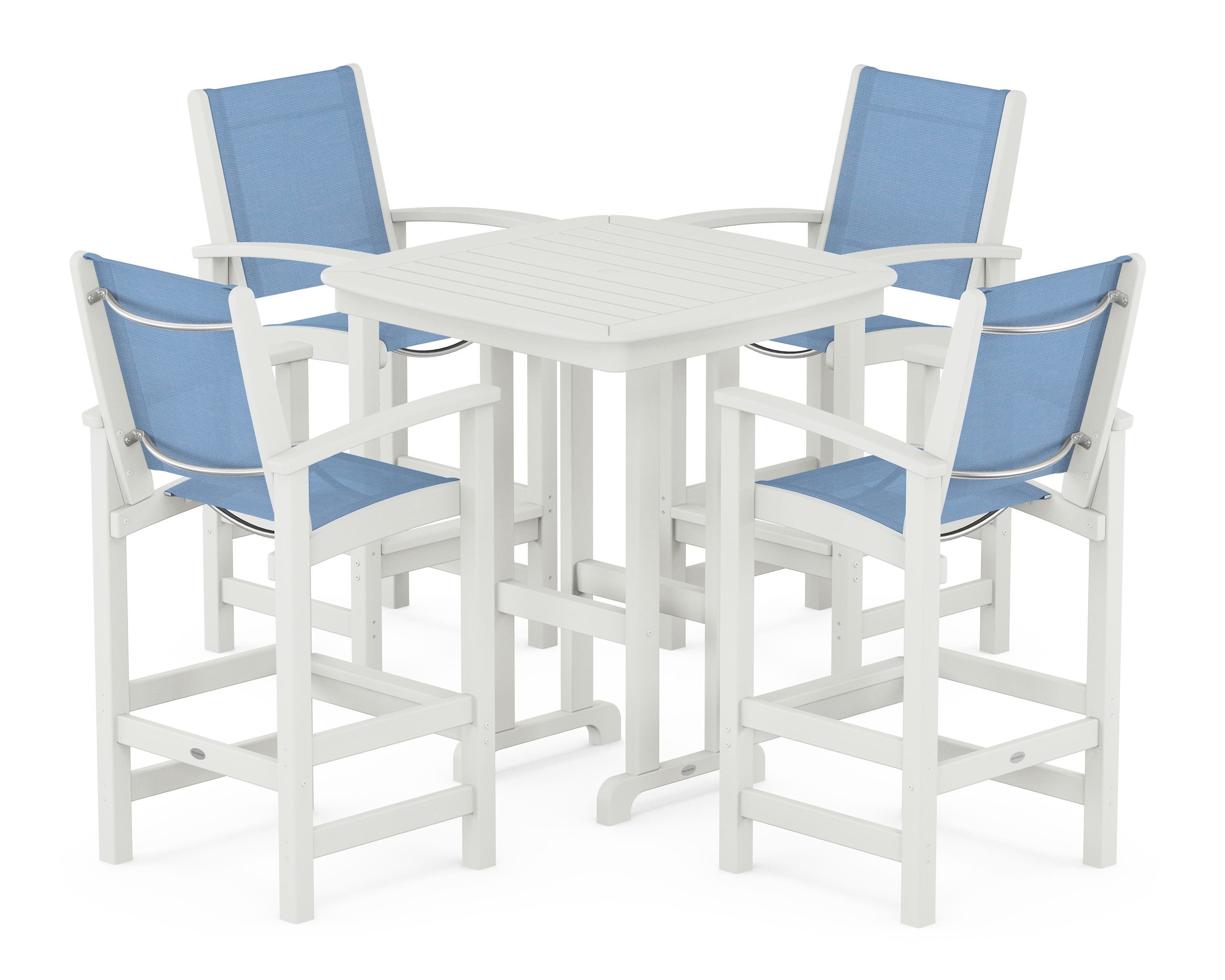 POLYWOOD Coastal 5-Piece Bar Set in Vintage White / Poolside Sling