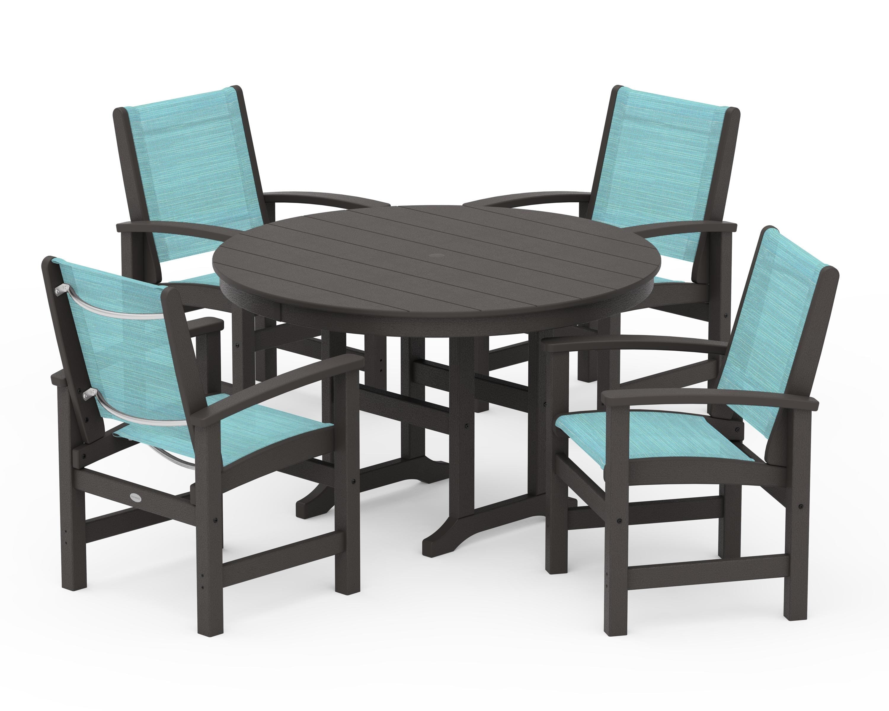 POLYWOOD Coastal 5-Piece Round Farmhouse Dining Set in Vintage Coffee / Dupioni Aquamarine Sling