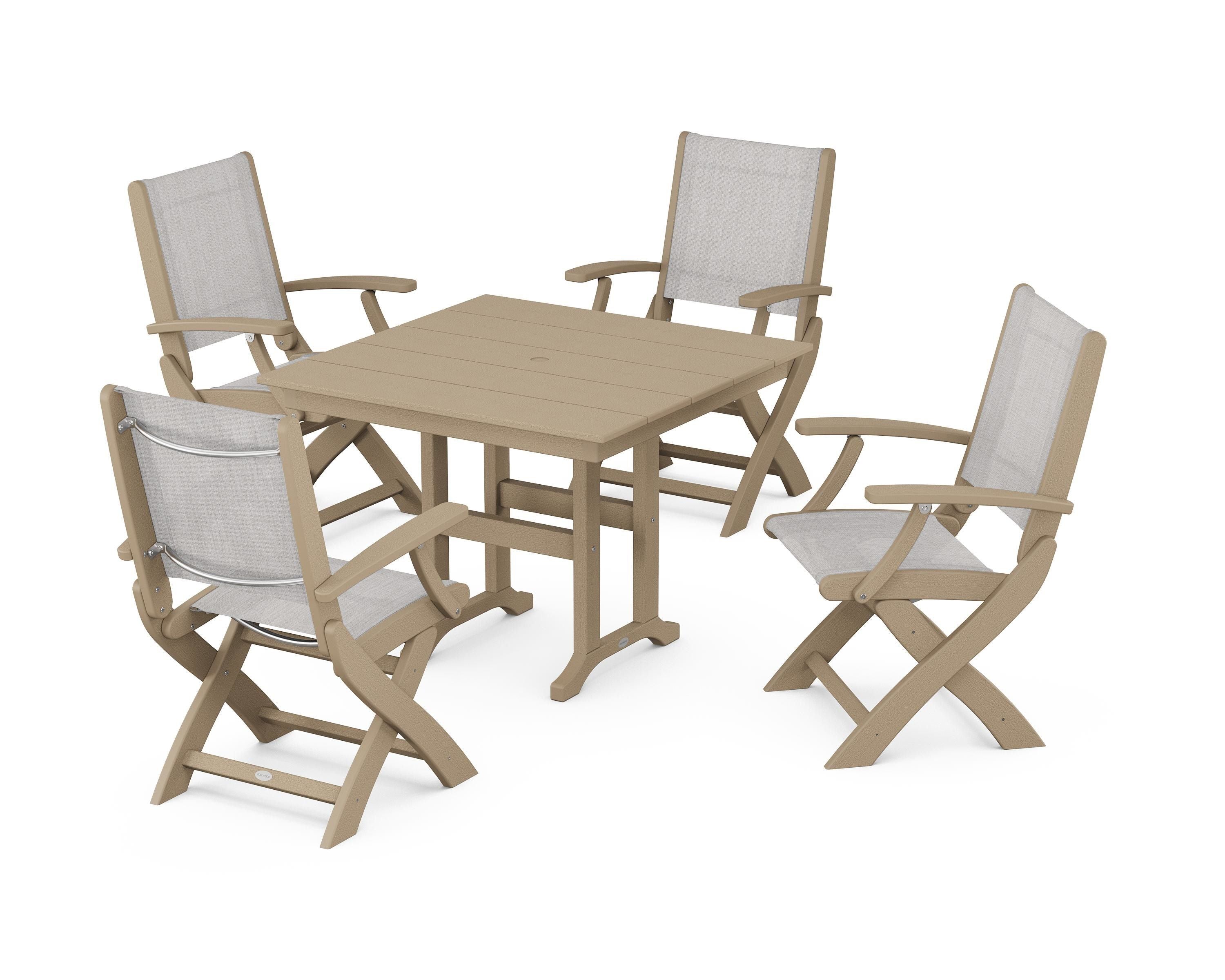 POLYWOOD Coastal Folding Chair 5-Piece Farmhouse Dining Set in Vintage Sahara / Parchment Sling