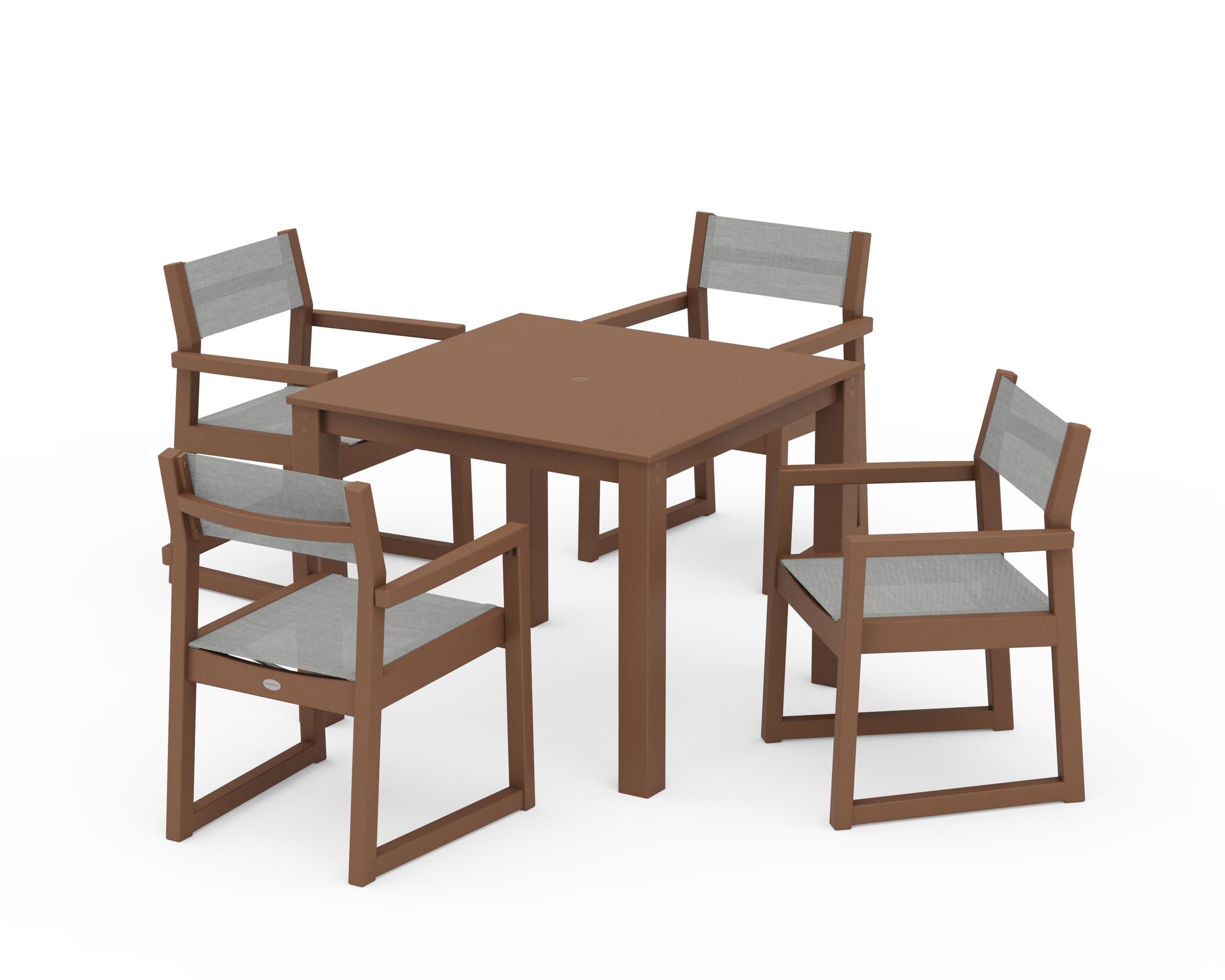 POLYWOOD EDGE Sling Arm Chair 5-Piece Parsons Dining Set in Teak / Metallic Sling