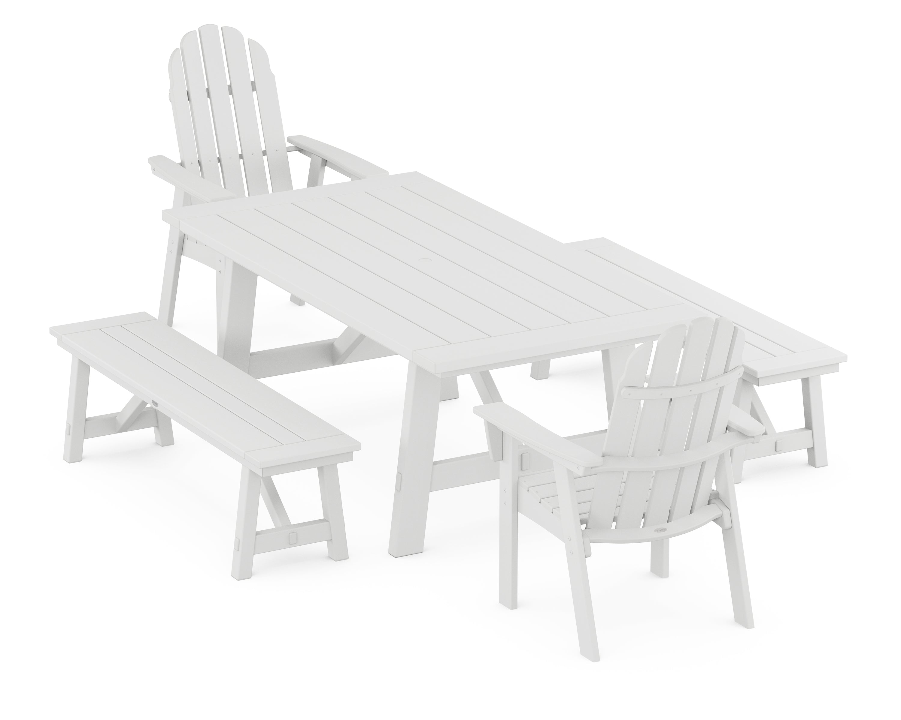 POLYWOOD® Vineyard Curveback Adirondack 5-Piece Rustic Farmhouse Dining Set With Benches in White