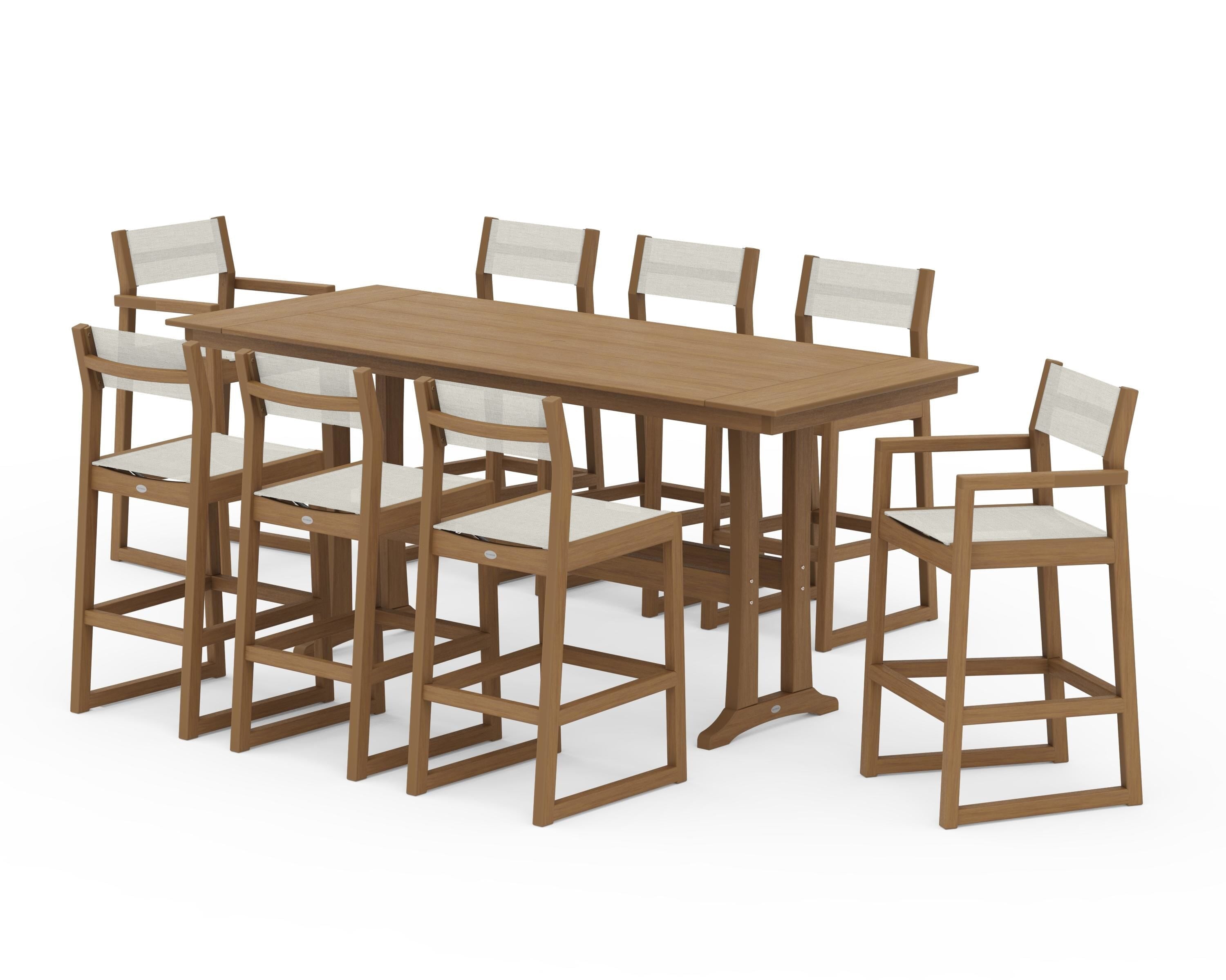 POLYWOOD EDGE Sling 9-Piece Farmhouse Bar Set with Trestle Legs in Natural / Parchment Sling