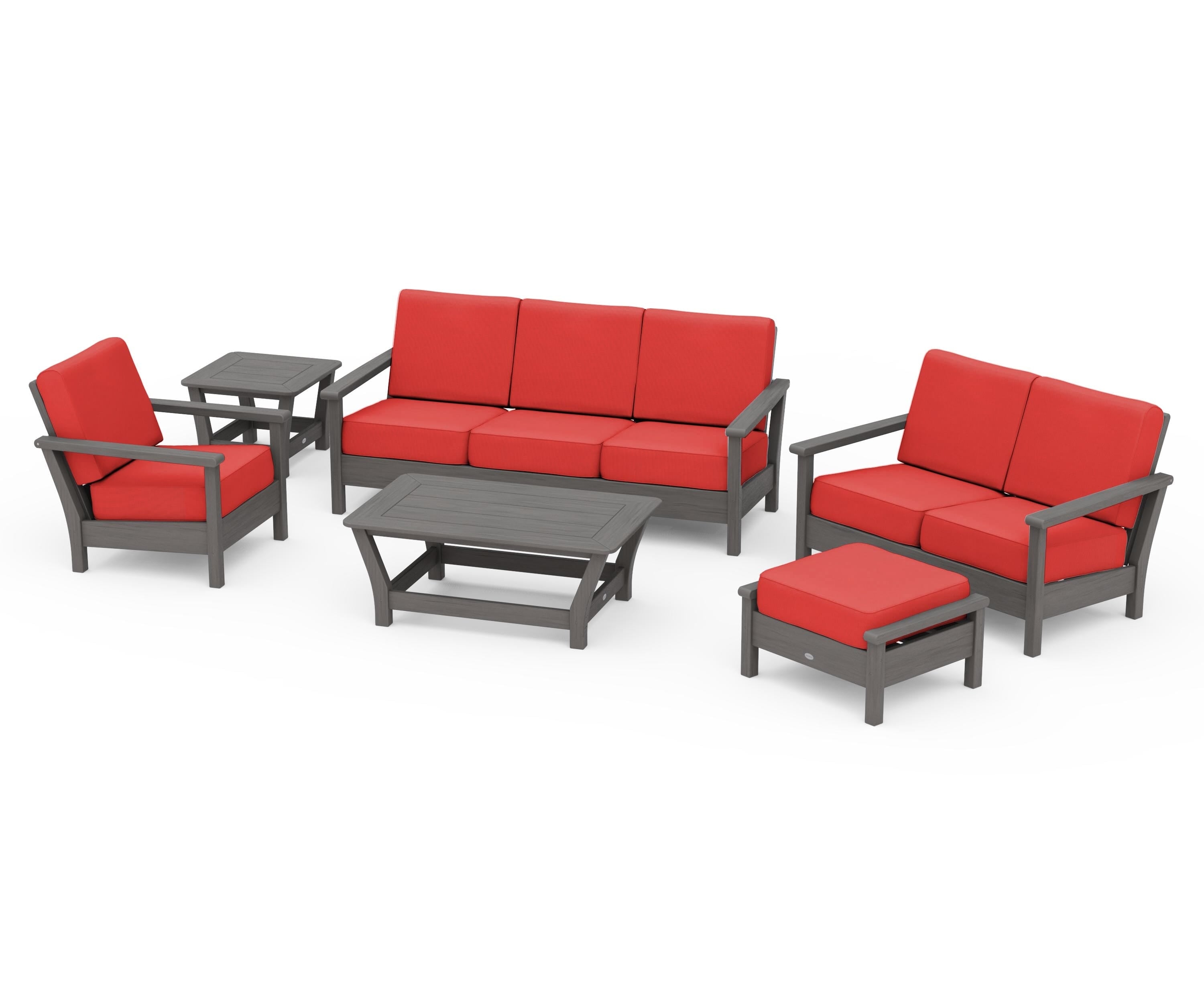 POLYWOOD Harbour 6-Piece Outdoor Living Set in Driftwood / Crimson Linen