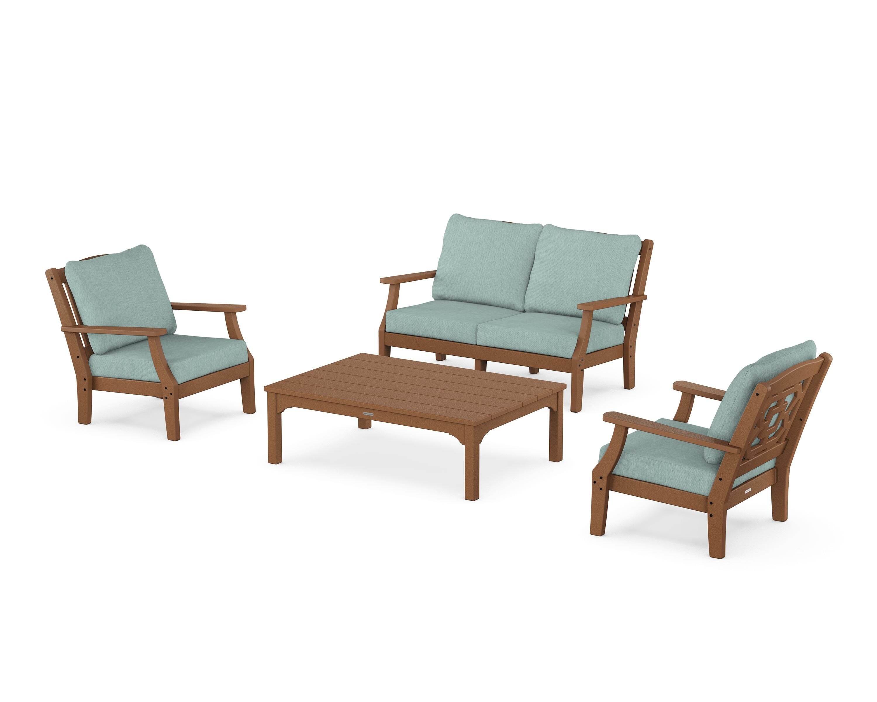 Martha Stewart by POLYWOOD Chinoiserie 4-Piece Deep Seating Set with Loveseat in Teak / Glacier Spa