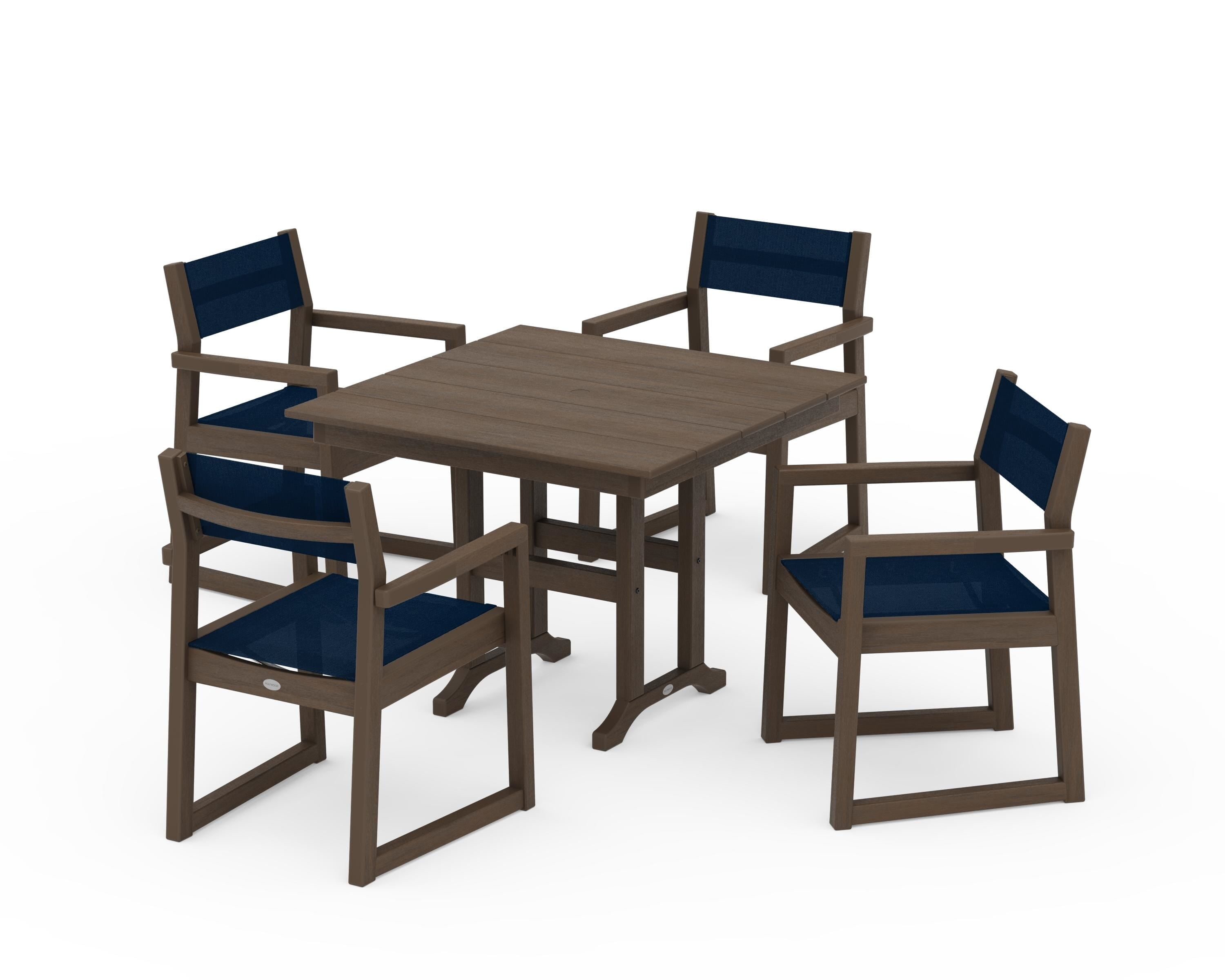 POLYWOOD EDGE Sling Arm Chair 5-Piece Farmhouse Dining Set in Kona / Navy Blue Sling
