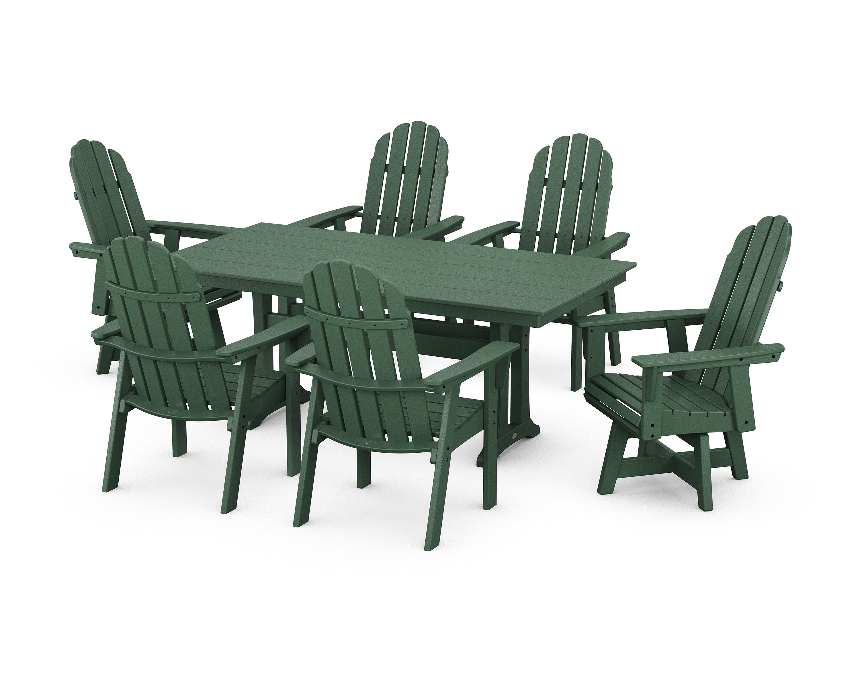 POLYWOOD® Vineyard Curveback Adirondack Swivel Chair 7-Piece Farmhouse Dining Set with Trestle Legs in Green