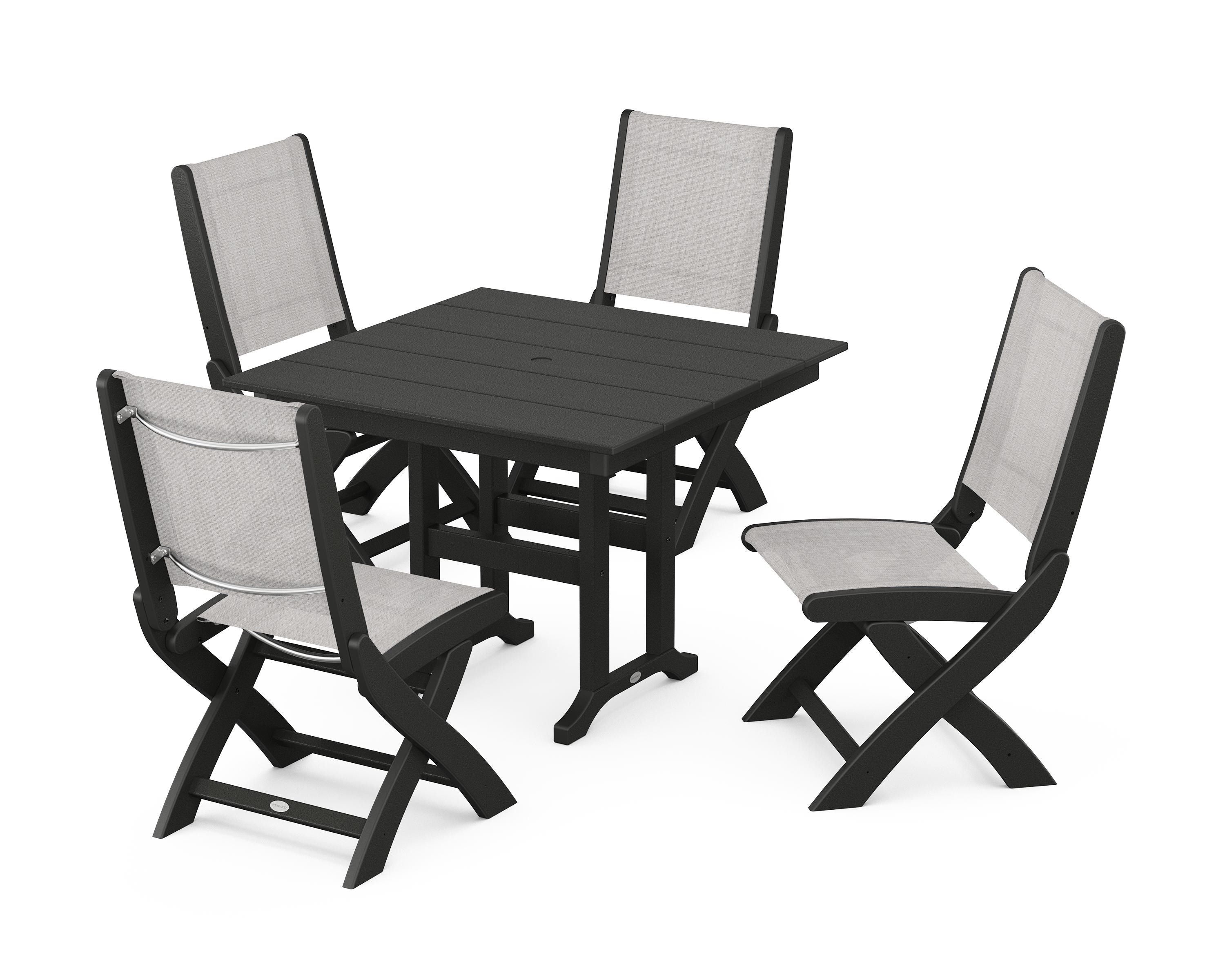 POLYWOOD Coastal Folding Side Chair 5-Piece Farmhouse Dining Set in Black / Parchment Sling