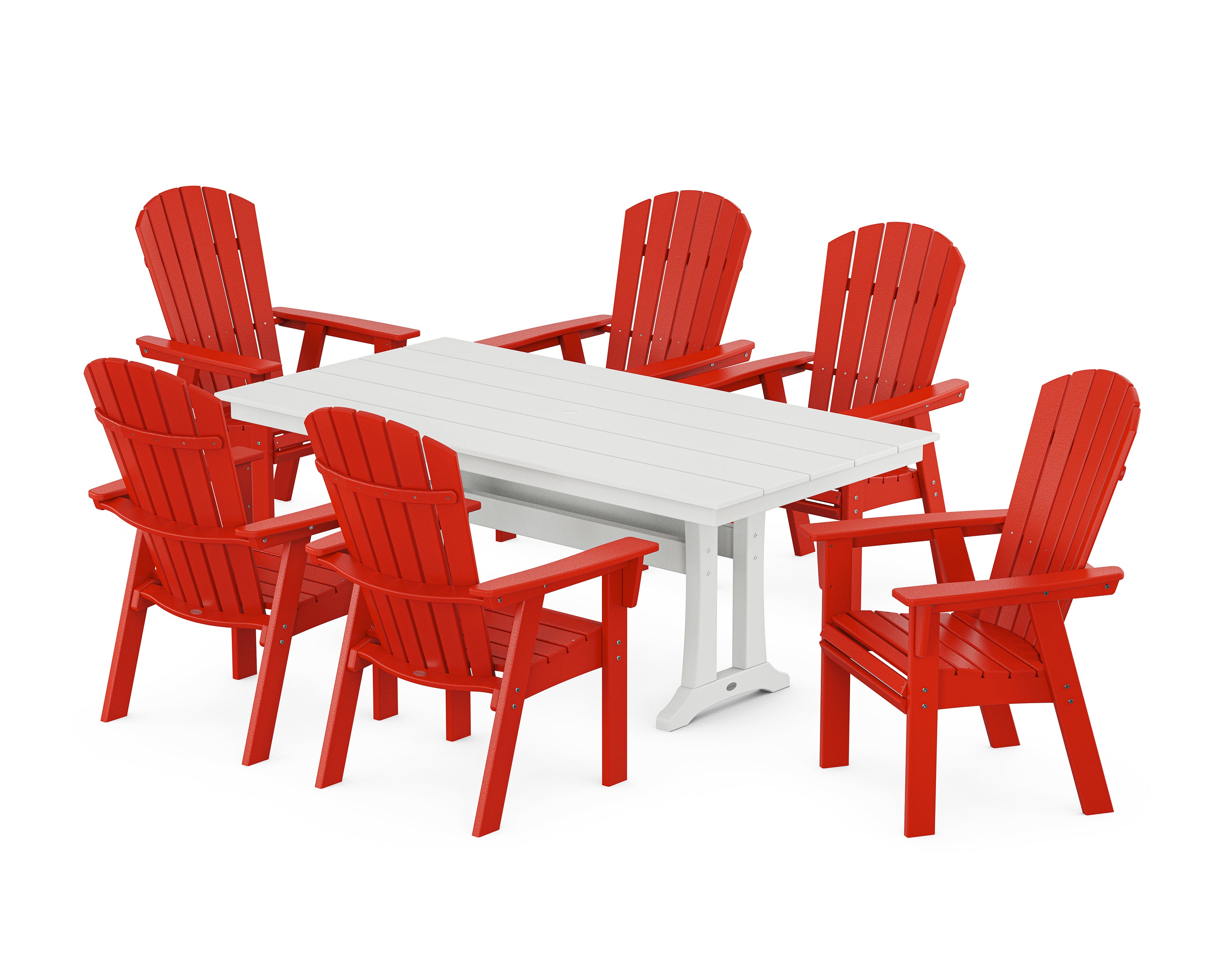 POLYWOOD Nautical Curveback Adirondack 7-Piece Farmhouse Dining Set with Trestle Legs in Sunset Red / White