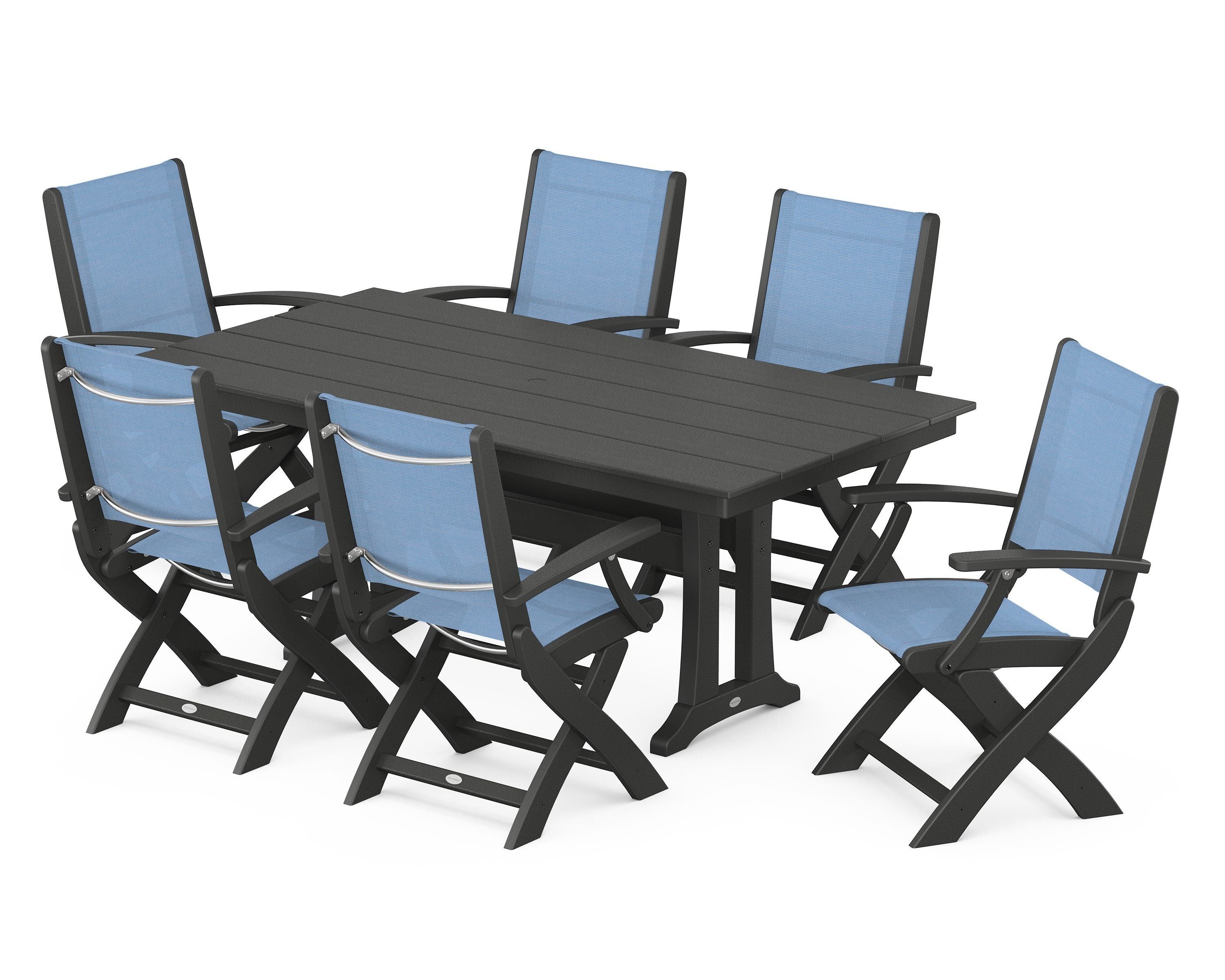 POLYWOOD Coastal Folding Arm Chair 7-Piece Farmhouse Dining Set with Trestle Legs in Black / Poolside Sling