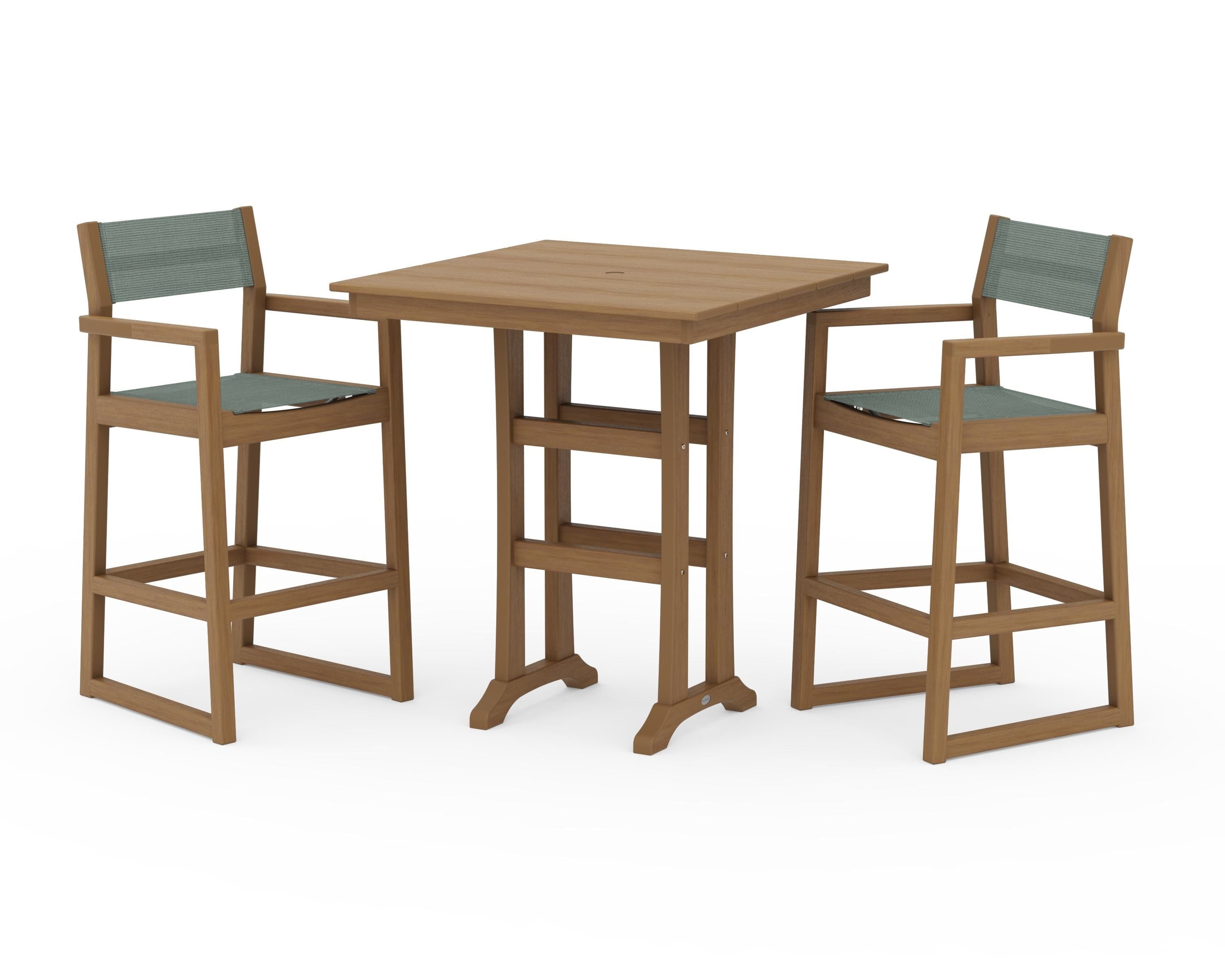 POLYWOOD EDGE Sling Arm Chair 3-Piece Farmhouse Bar Set with Trestle Legs in Natural / Dupioni Sea Mist Sling