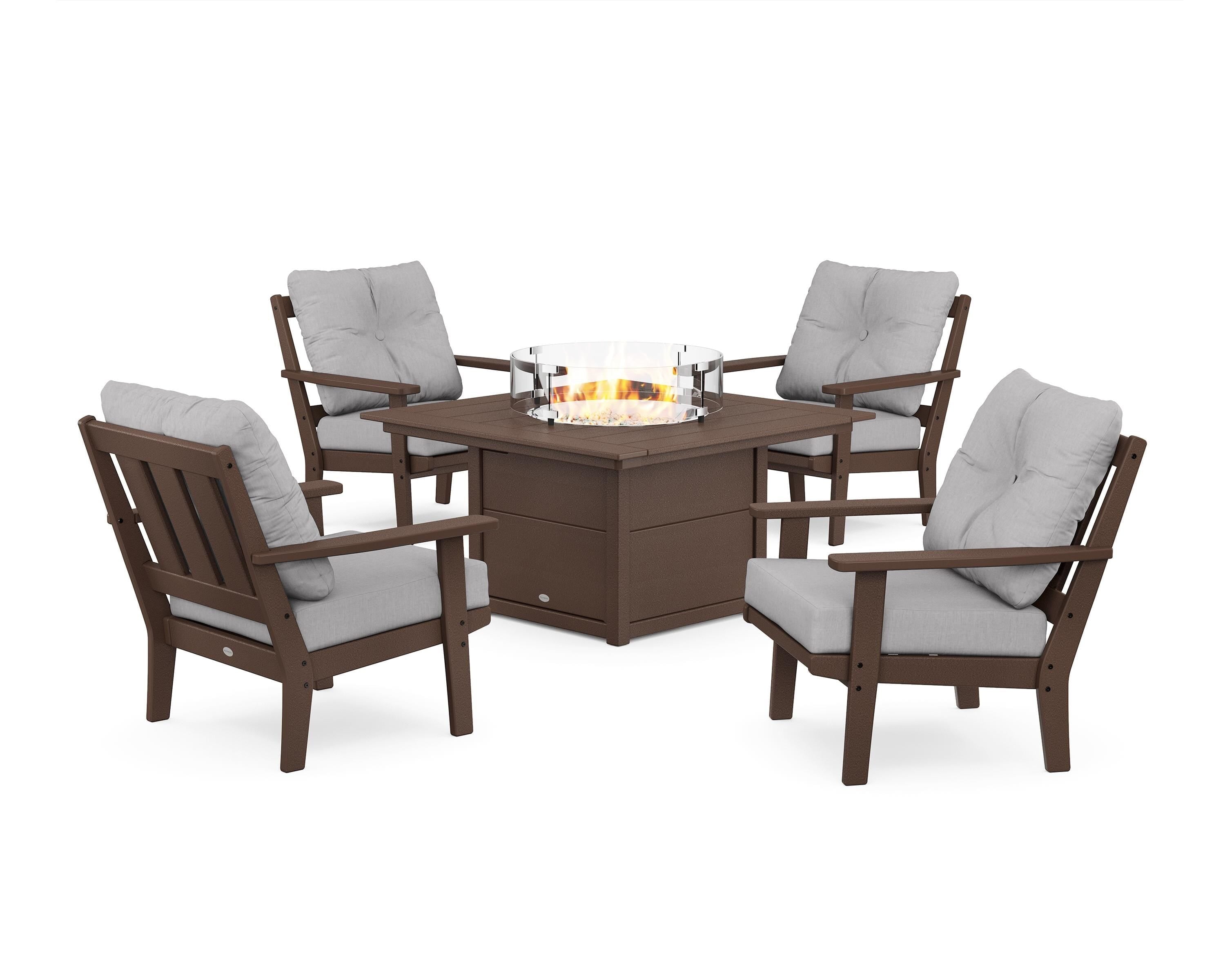 POLYWOOD Oxford 5-Piece Deep Seating Set with Fire Pit Table in Mahogany / Granite