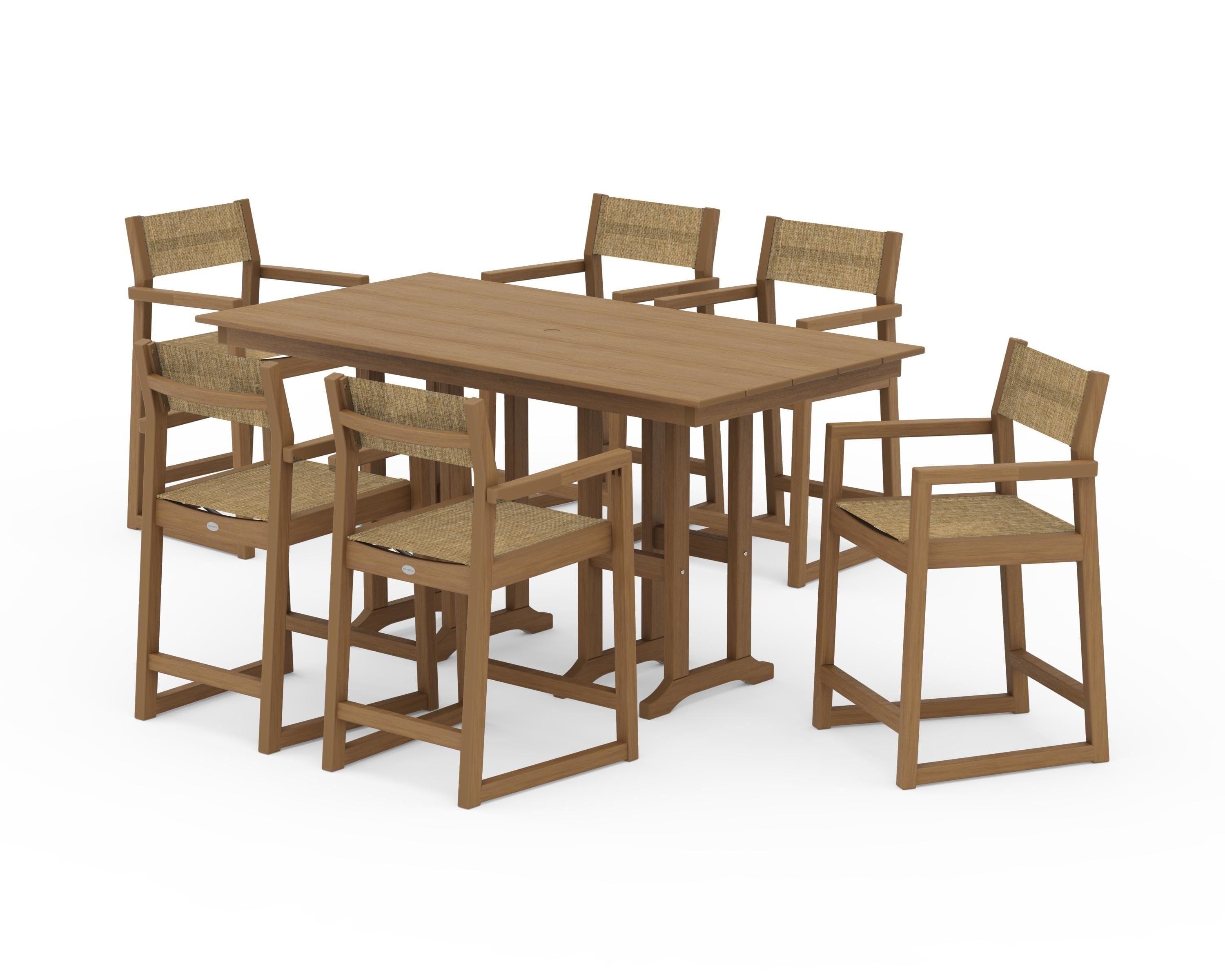 POLYWOOD EDGE Sling Arm Chair 7-Piece Farmhouse Counter Set in Natural / Burlap Sling