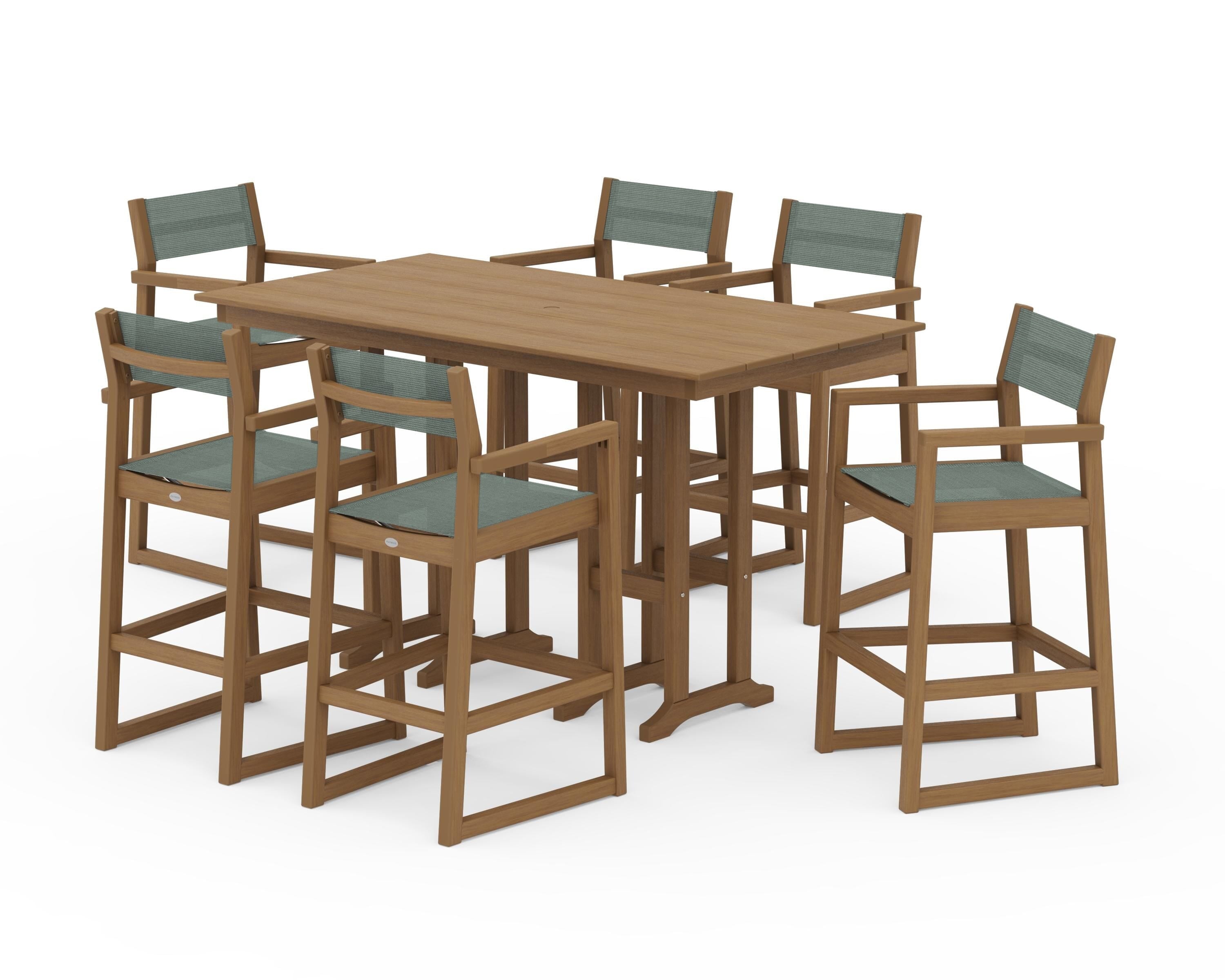 POLYWOOD EDGE Sling Arm Chair 7-Piece Farmhouse Bar Set in Natural / Dupioni Sea Mist Sling