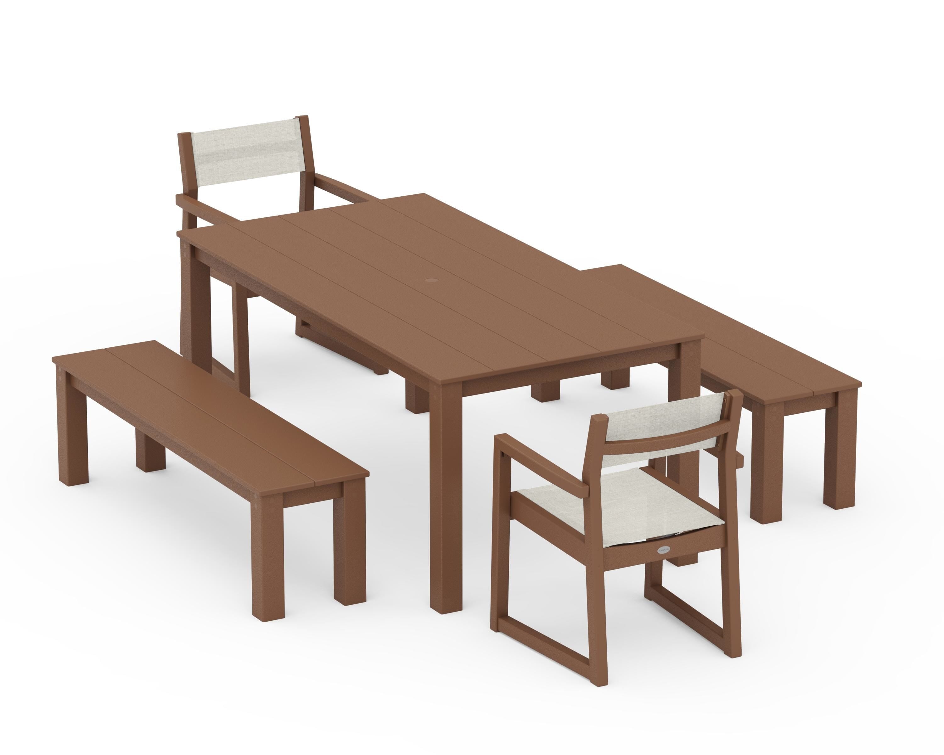 POLYWOOD EDGE Sling Arm Chair 5-Piece Parsons Dining Set with Benches in Teak / Parchment Sling