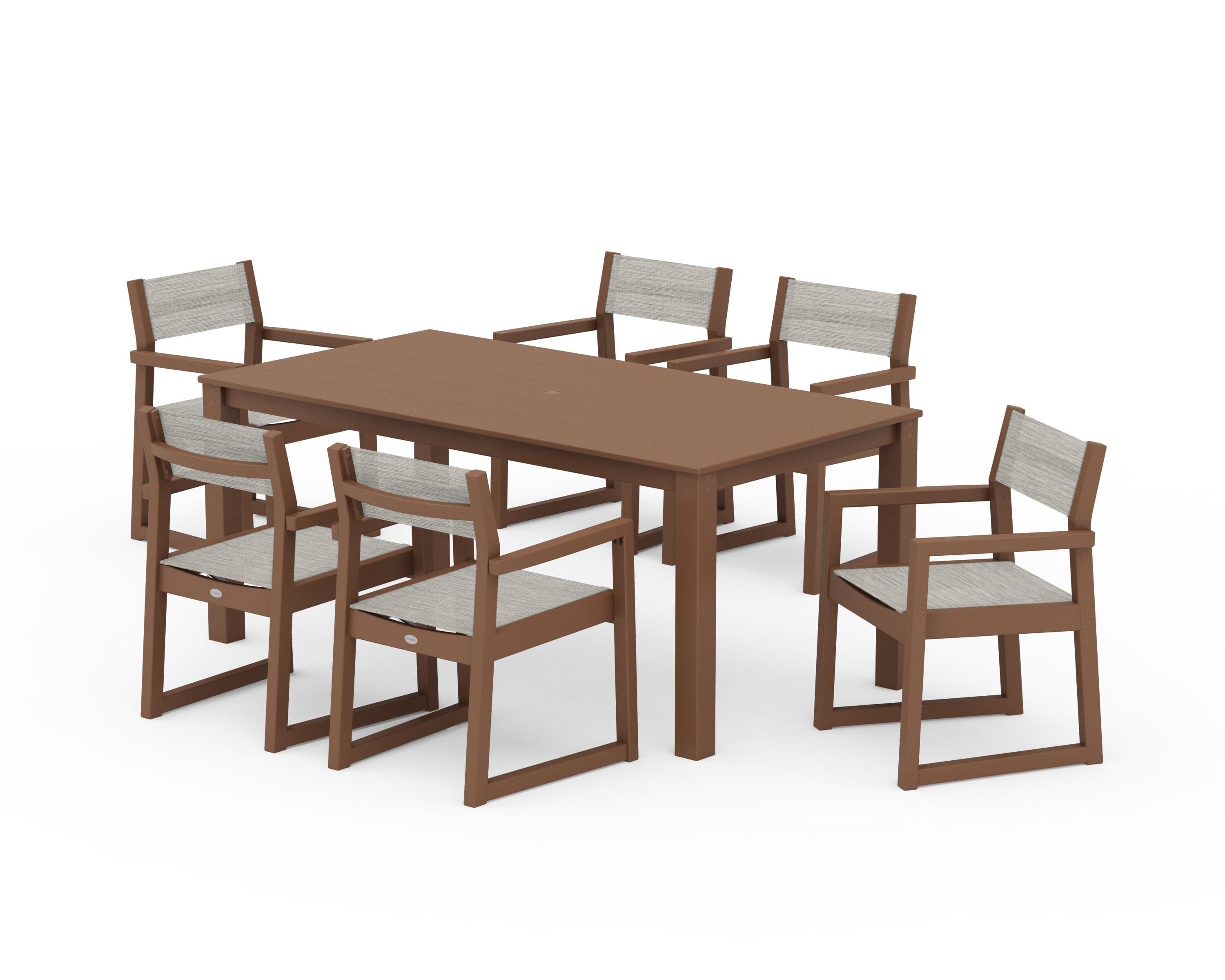 POLYWOOD EDGE Sling Arm Chair 7-Piece Parsons Dining Set in Teak / Birch Sling