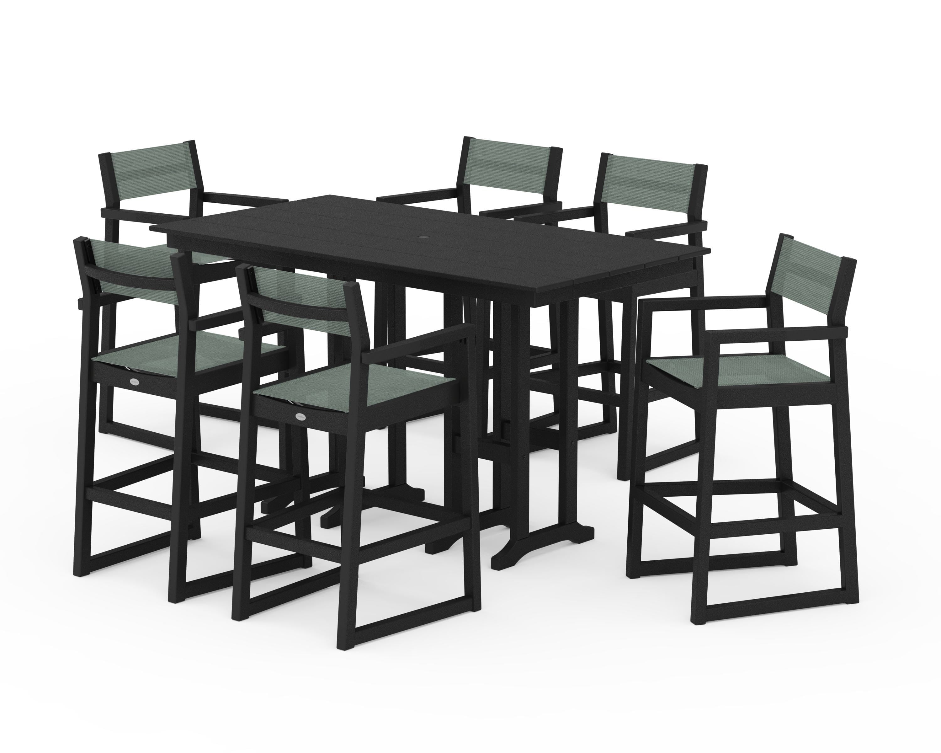 POLYWOOD EDGE Sling Arm Chair 7-Piece Farmhouse Bar Set in Black / Dupioni Sea Mist Sling