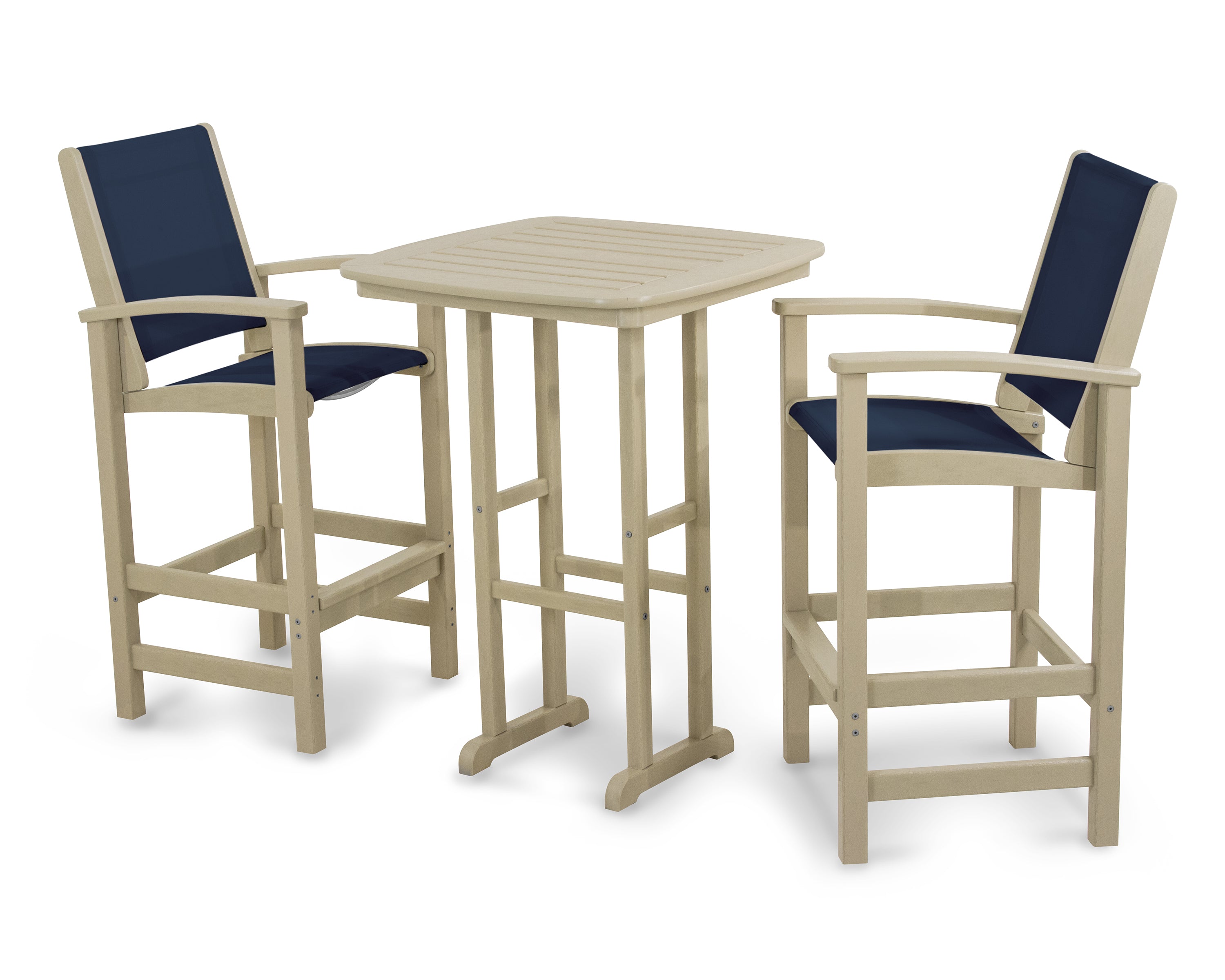 POLYWOOD Coastal 3-Piece Bar Set in Sand / Navy Blue Sling
