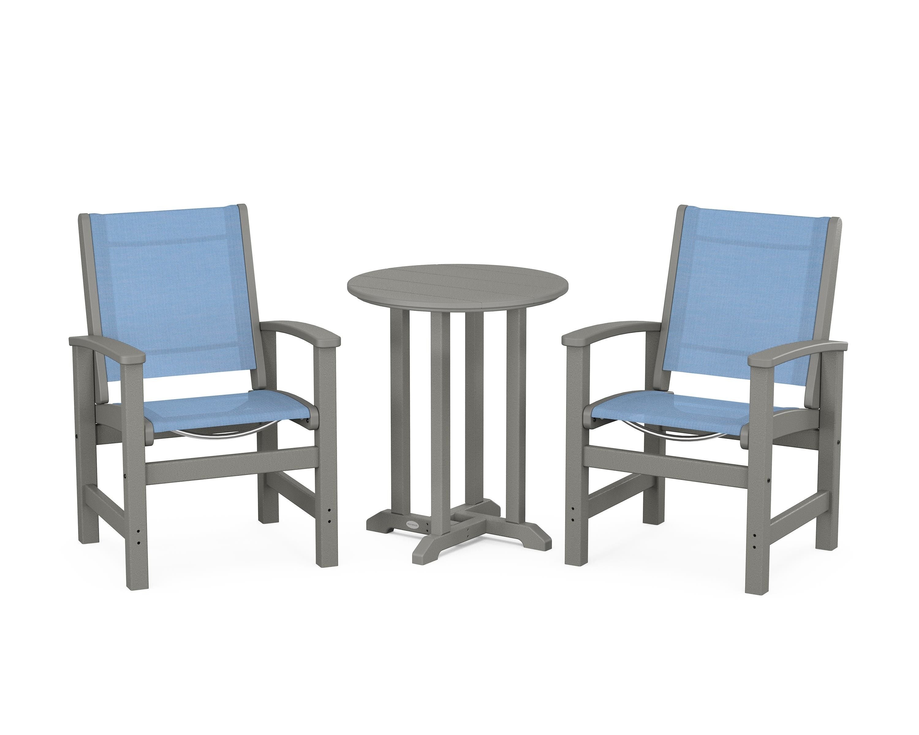 POLYWOOD Coastal 3-Piece Round Bistro Dining Set in Slate Grey / Poolside Sling